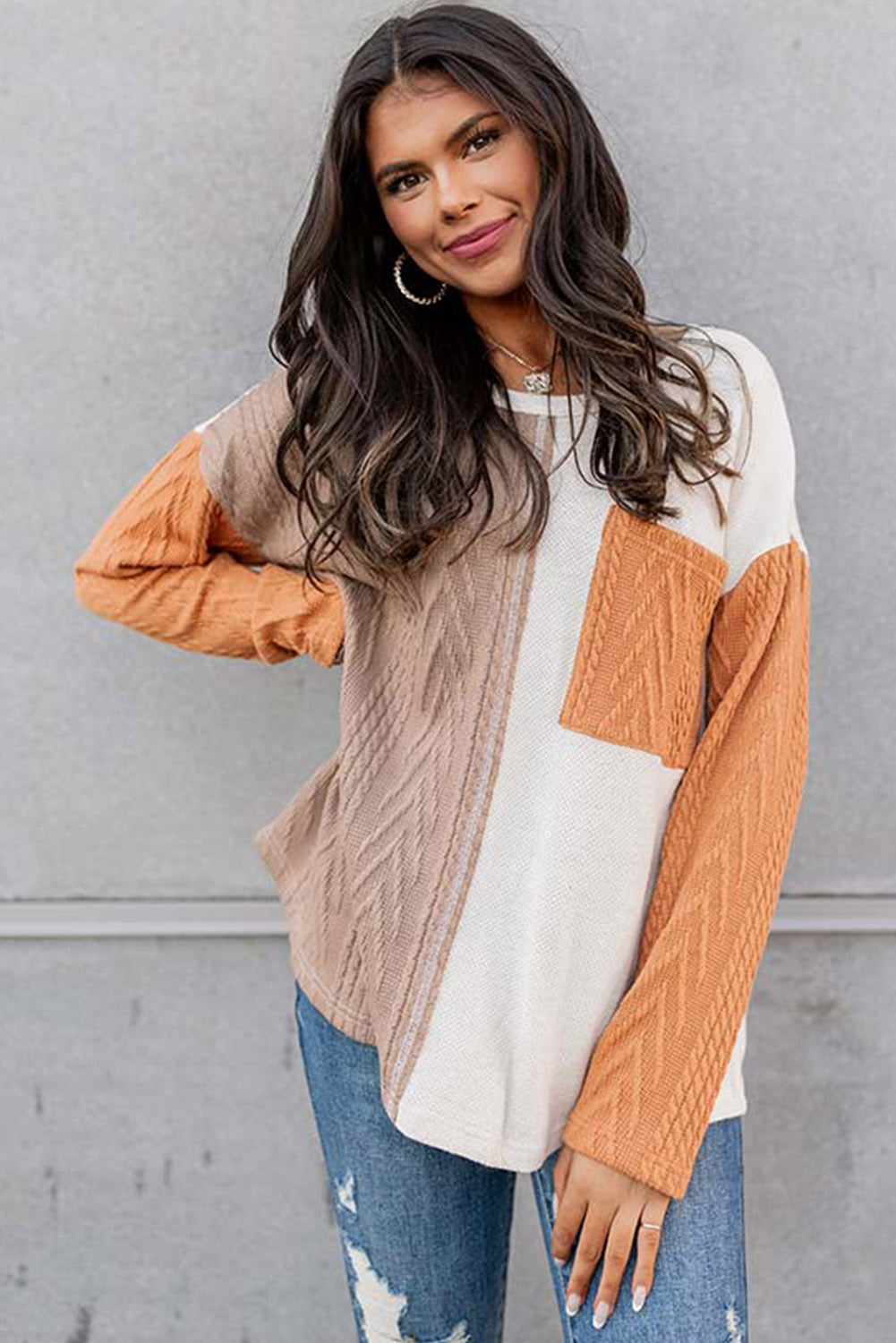 Long Sleeve Colorblock Chest Pocket Textured Knit Top - Cowaa