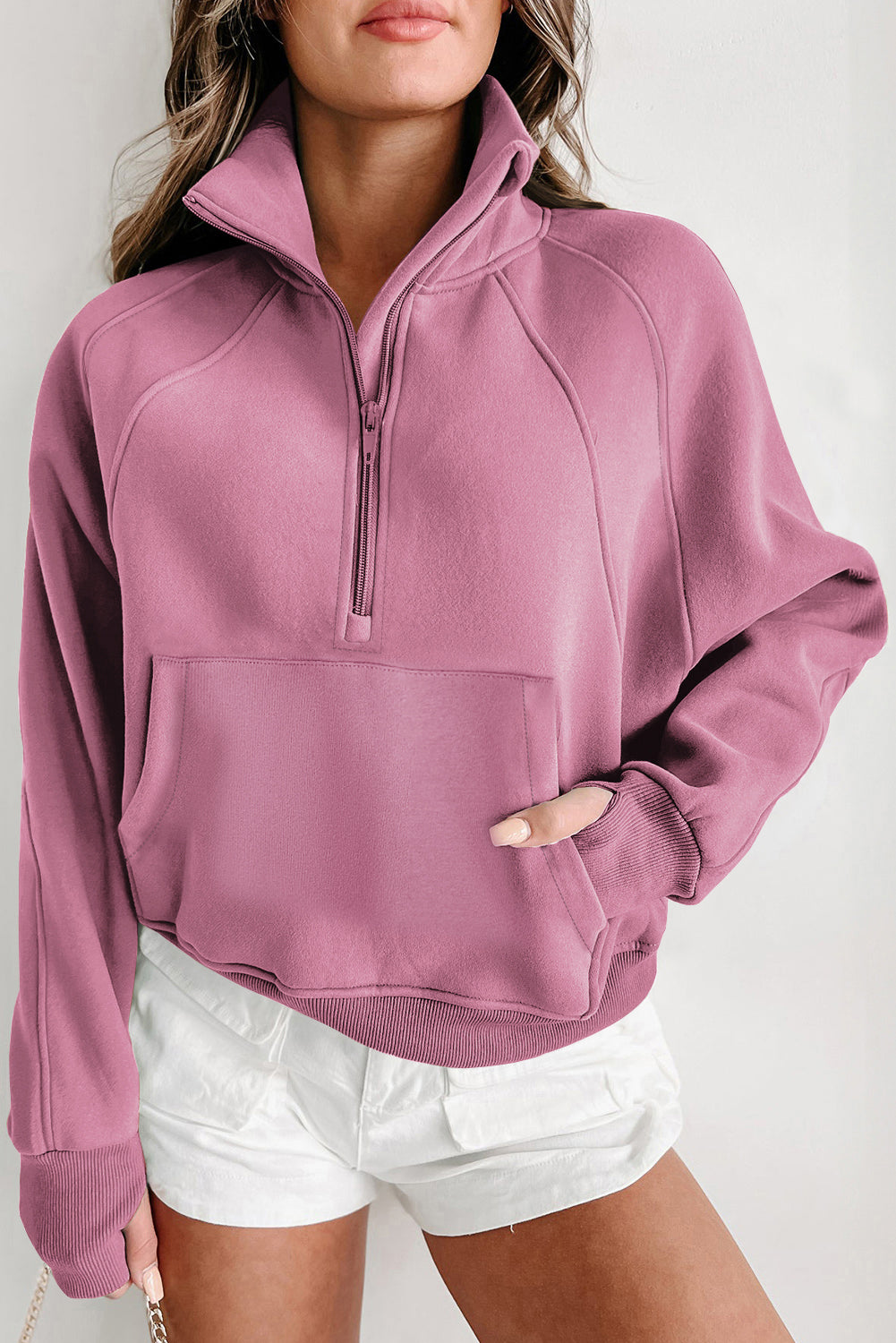 Brown Zip Up Stand Collar Thumbhole Sleeve Sweatshirt - Cowaa