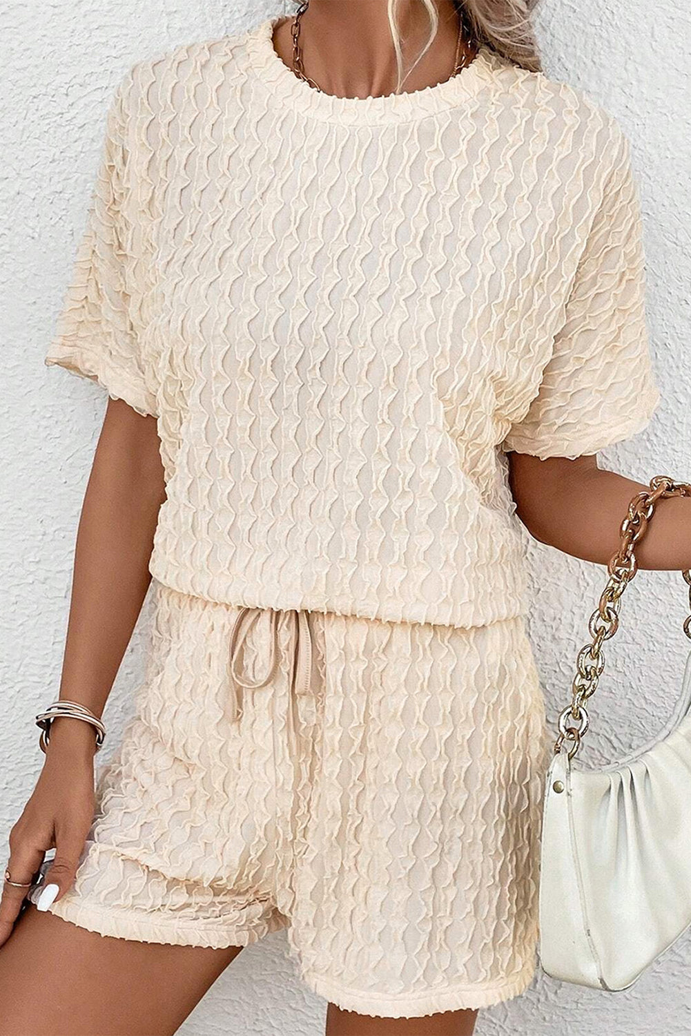 Beige Textured Tee & Drawstring Shorts Set - Cowaa