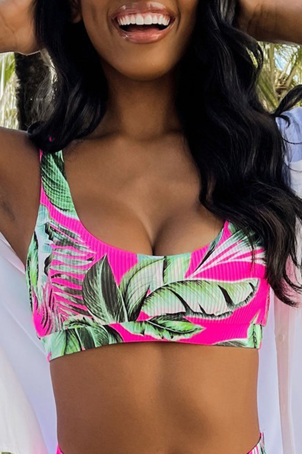 Rose Tropical Plant Print Ribbed Bikini Top - Cowaa