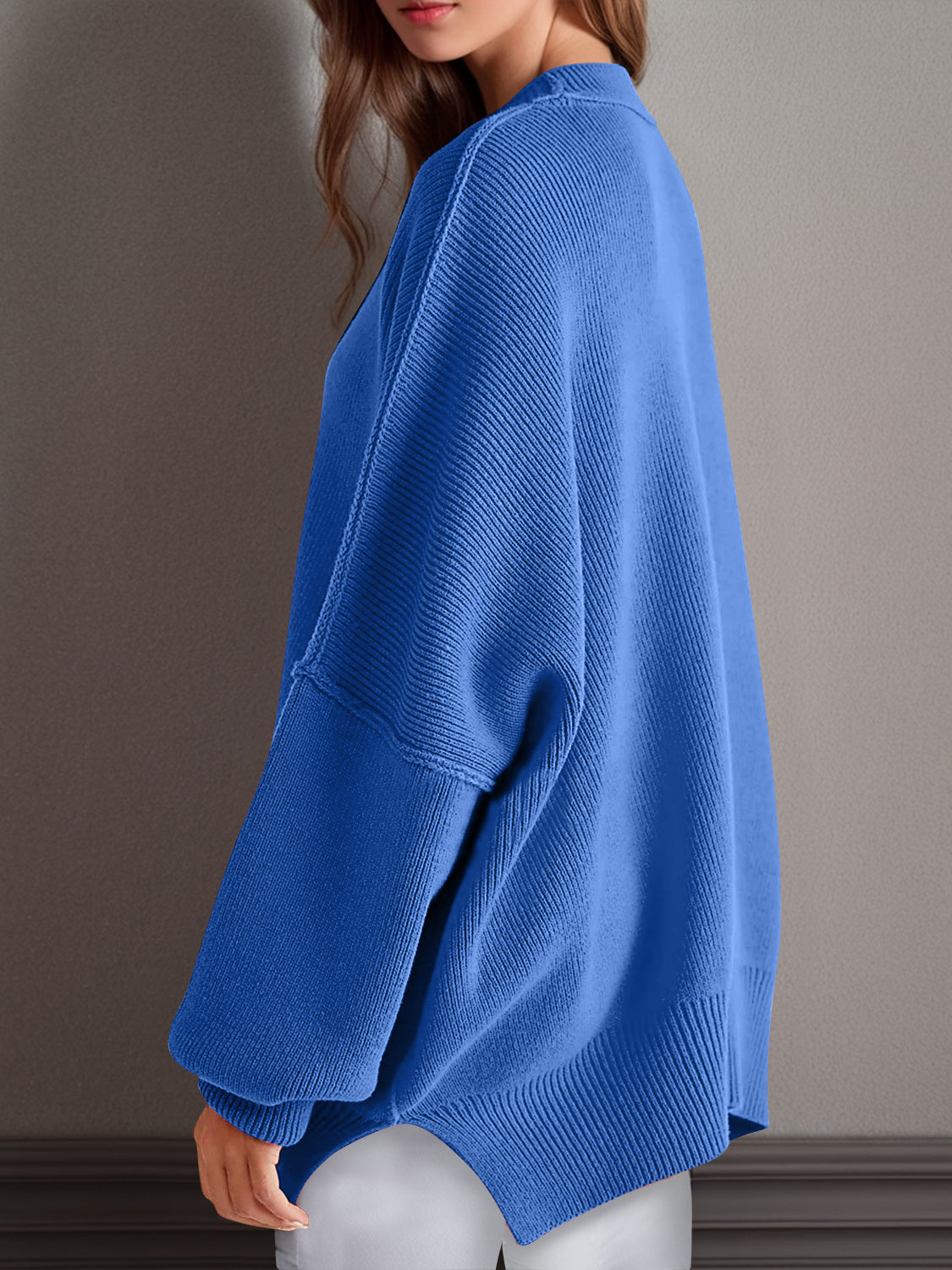 Double Take Side Slit Round Neck Long Sleeve Sweater - Cowaa