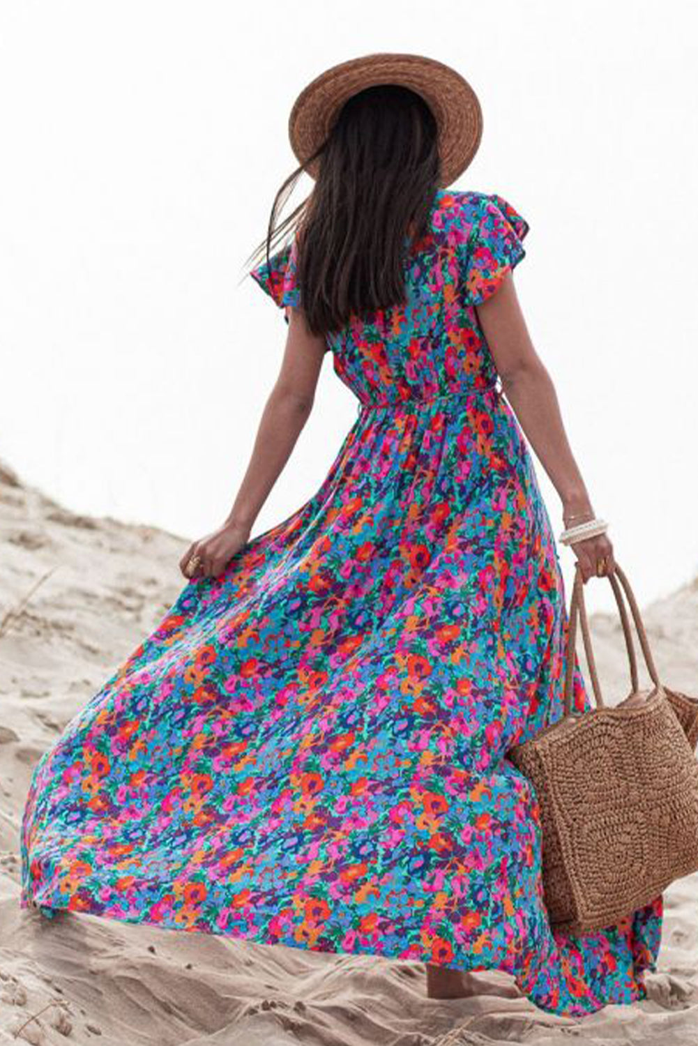 Blue Boho Floral Print V Neck Wrap Split Maxi Dress - Cowaa