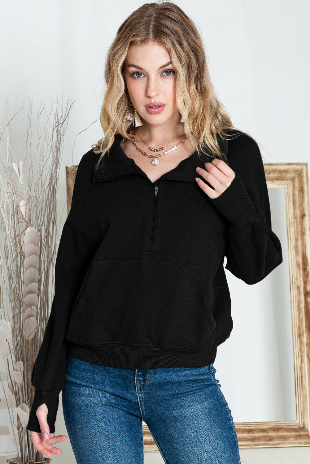 Brown Zip Up Stand Collar Thumbhole Sleeve Sweatshirt - Cowaa