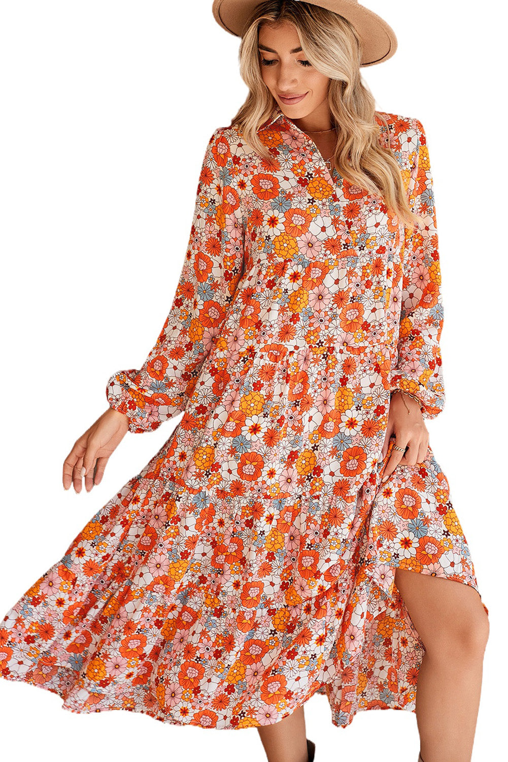 Multicolor Boho Floral Collared Long Sleeve Dress - Cowaa