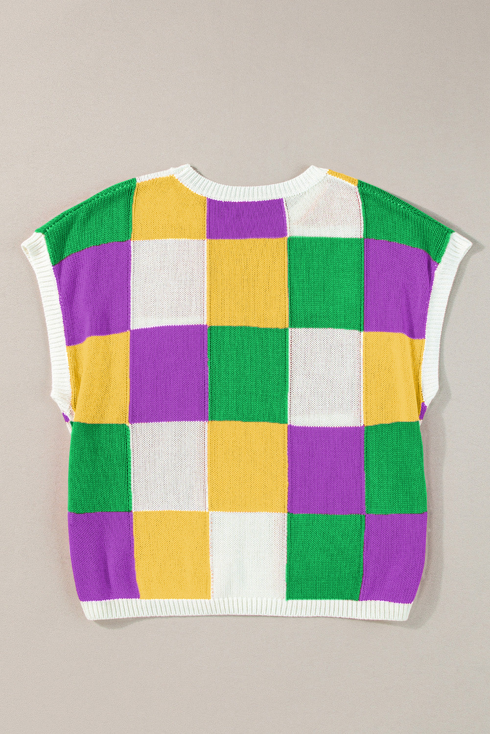 Fiery Red Checkered Color Block Cap Sleeve Knitted Top - Cowaa