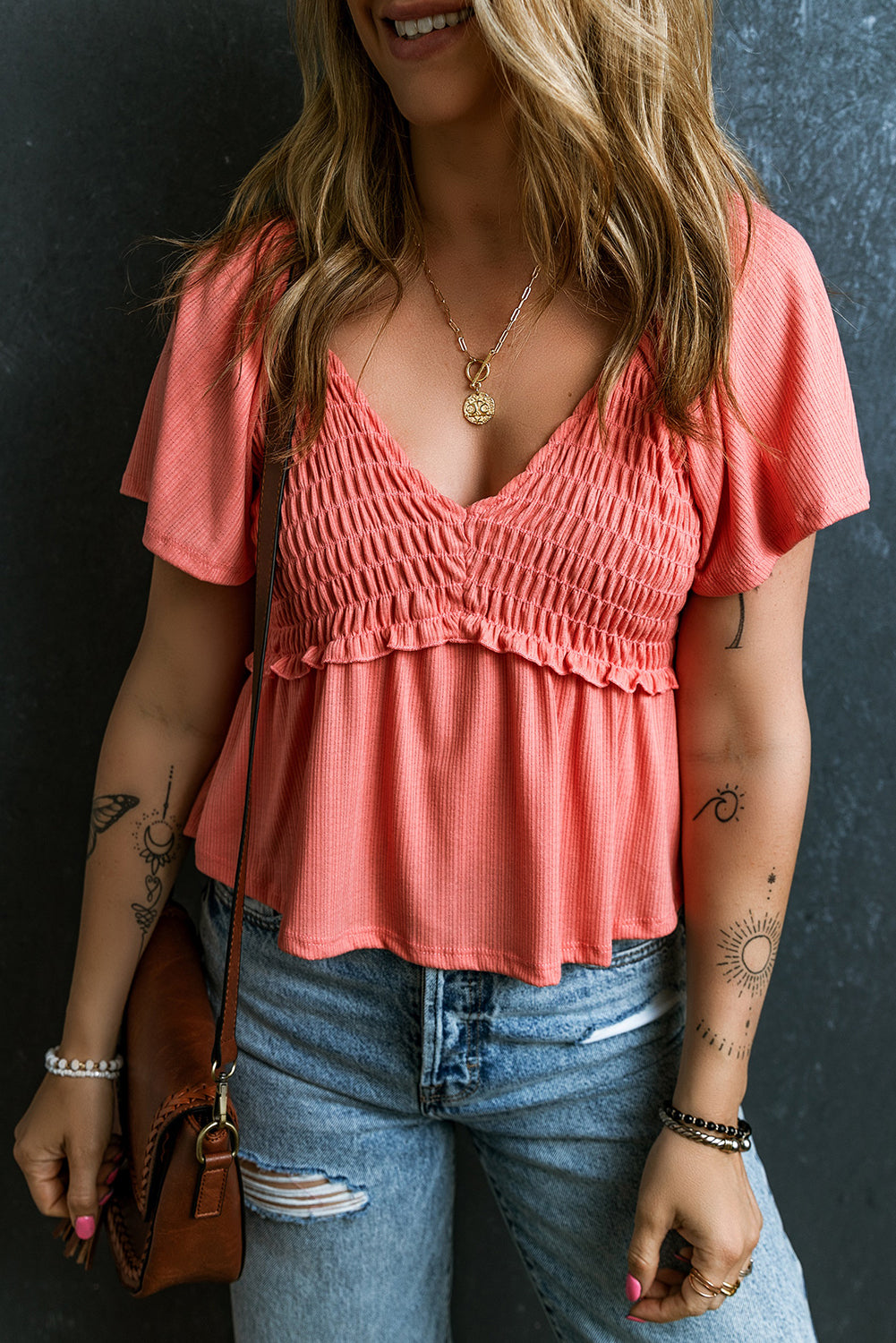 Oatmeal Shirred V Neck Short Flutter Sleeve Textured Blouse - Cowaa