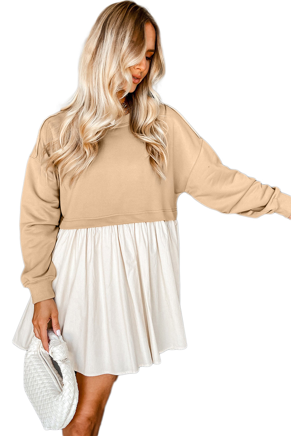 Khaki Sweatshirt 2-in-1 Flowy Pleated Mini Dress - Cowaa