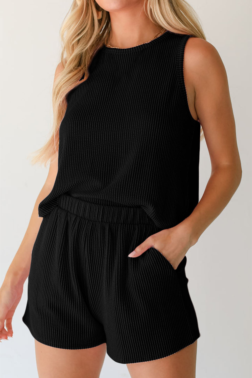 Medium Grey Corded Sleeveless Top and Pocketed Shorts Set - Cowaa