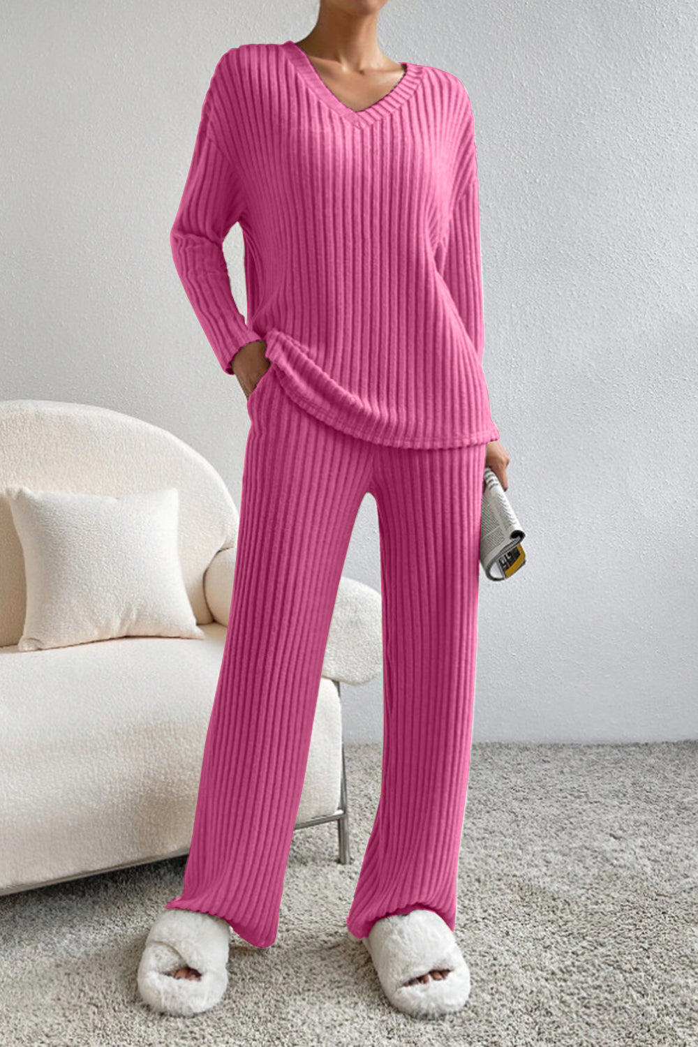Ribbed V-Neck Top and Pants Set - Cowaa
