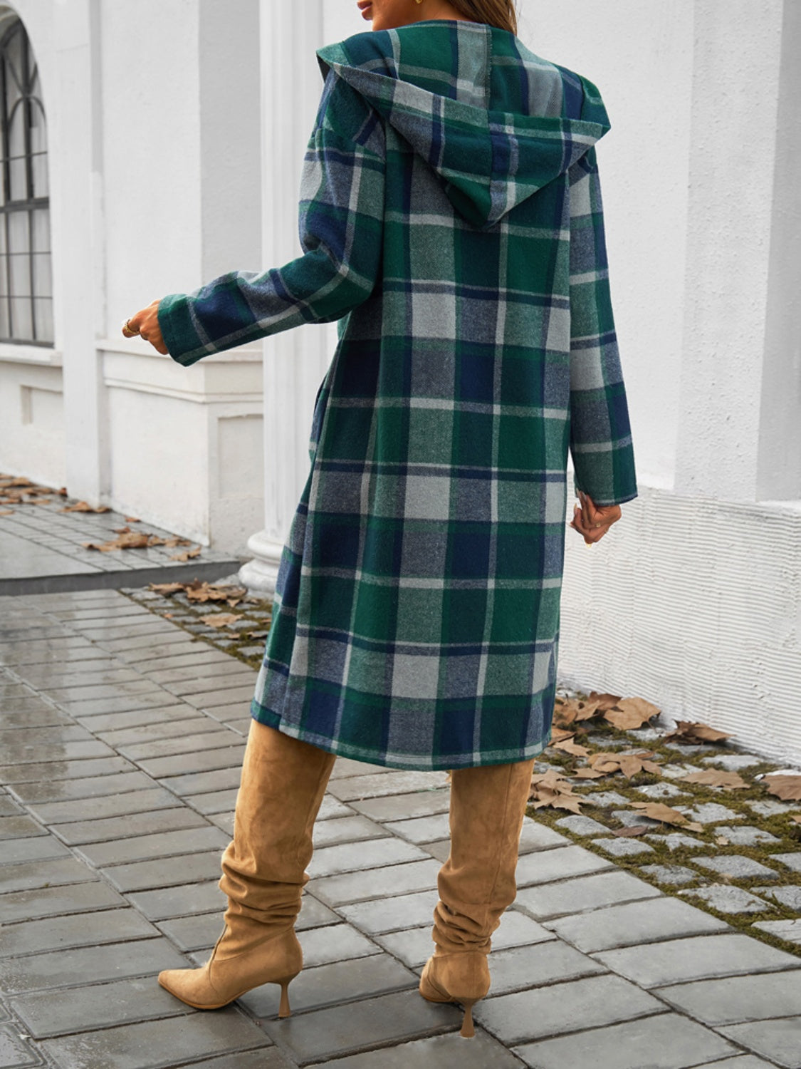 Devine Plaid Long Sleeve Hooded Coat - Cowaa