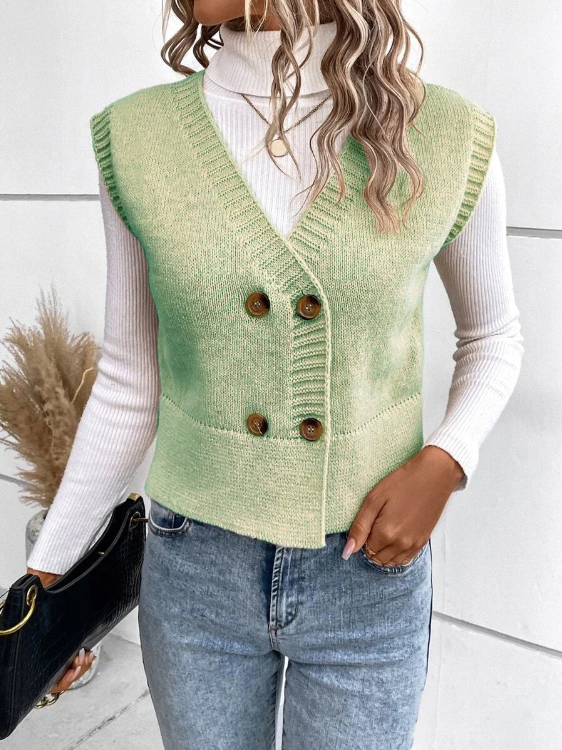 Full Size Button Up V-Neck Sweater Vest - Cowaa