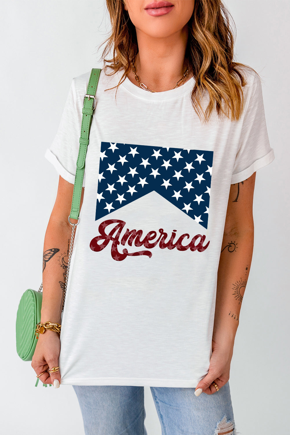 White Casual America Stars Graphic Crew Neck T Shirt - Cowaa