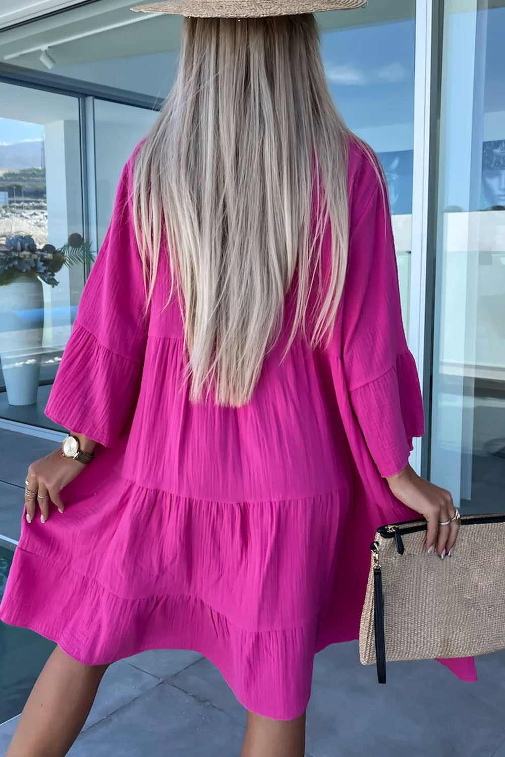 Rose Crinkled Tiered Split Neck Shirt Dress - Cowaa