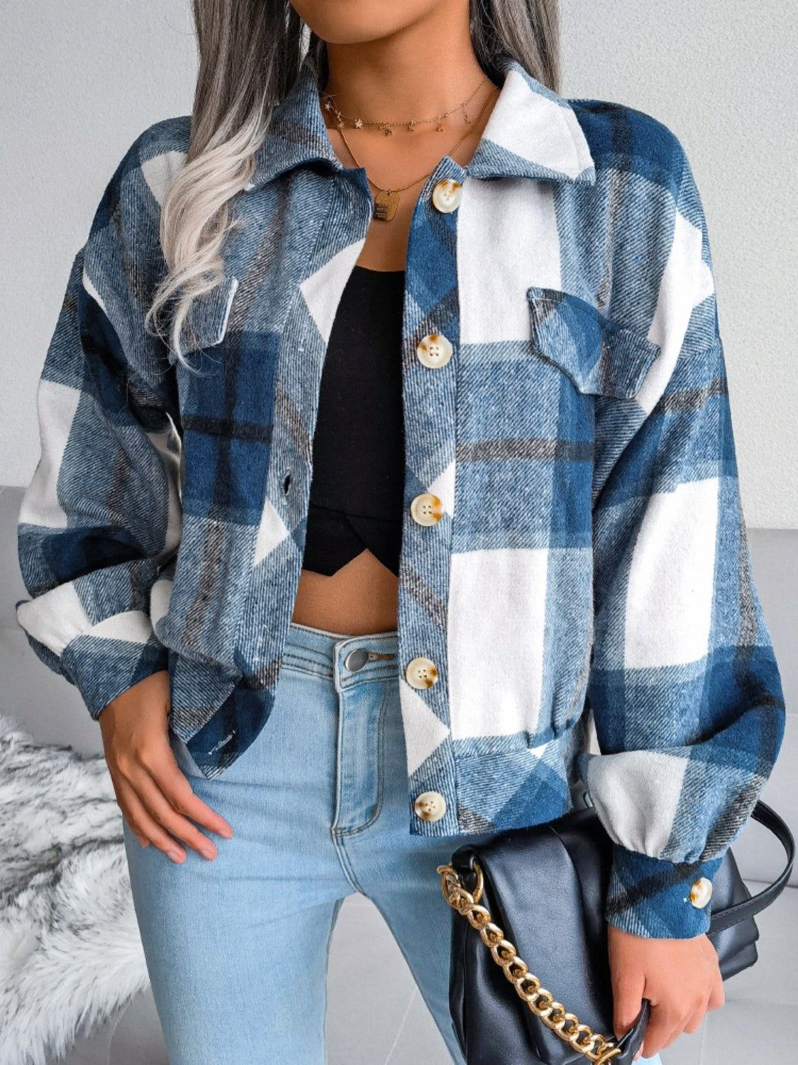 Plaid Collared Neck Long Sleeve Jacket - Cowaa