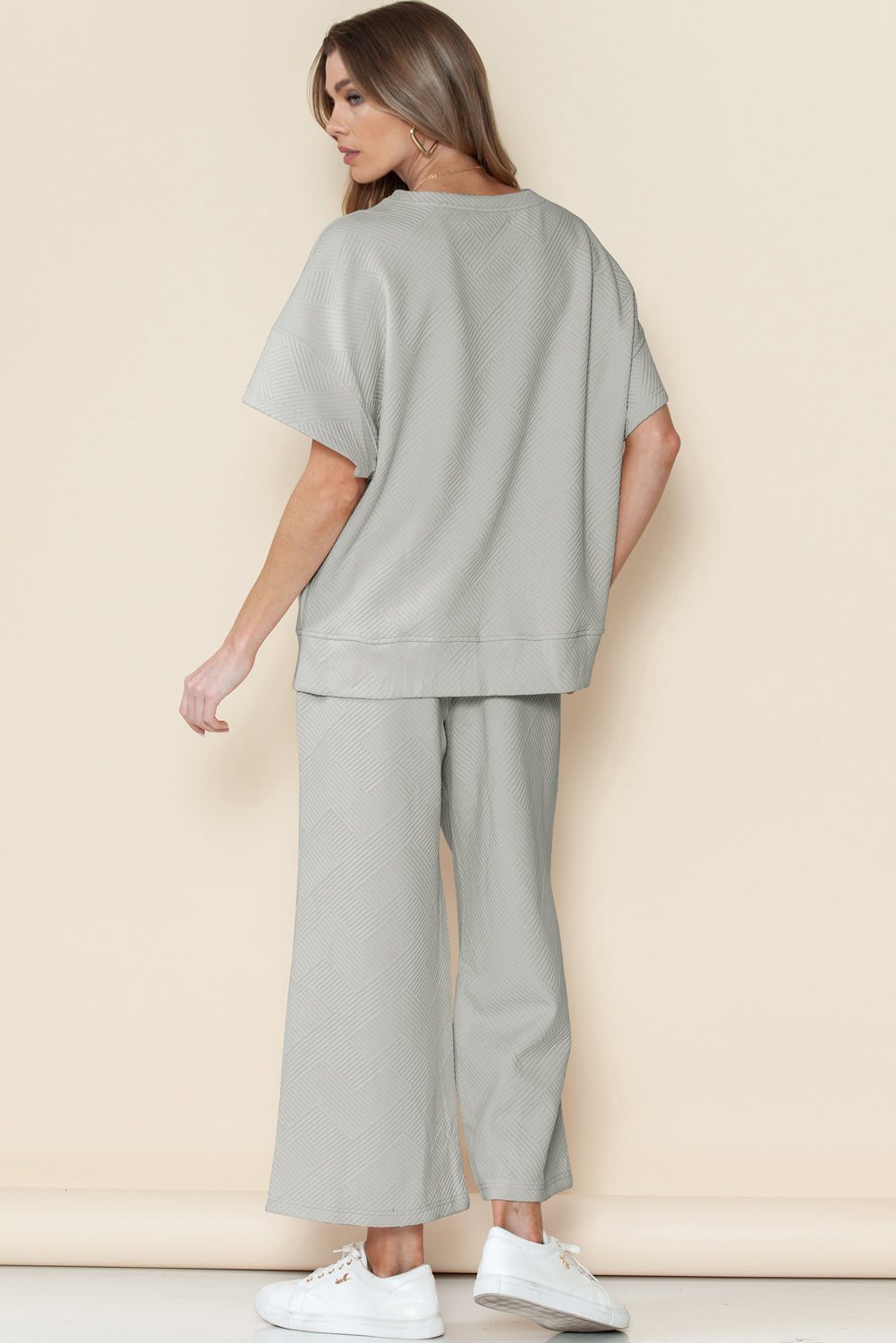 Navy Blue Textured Loose Fit T Shirt and Drawstring Pants Set - Cowaa