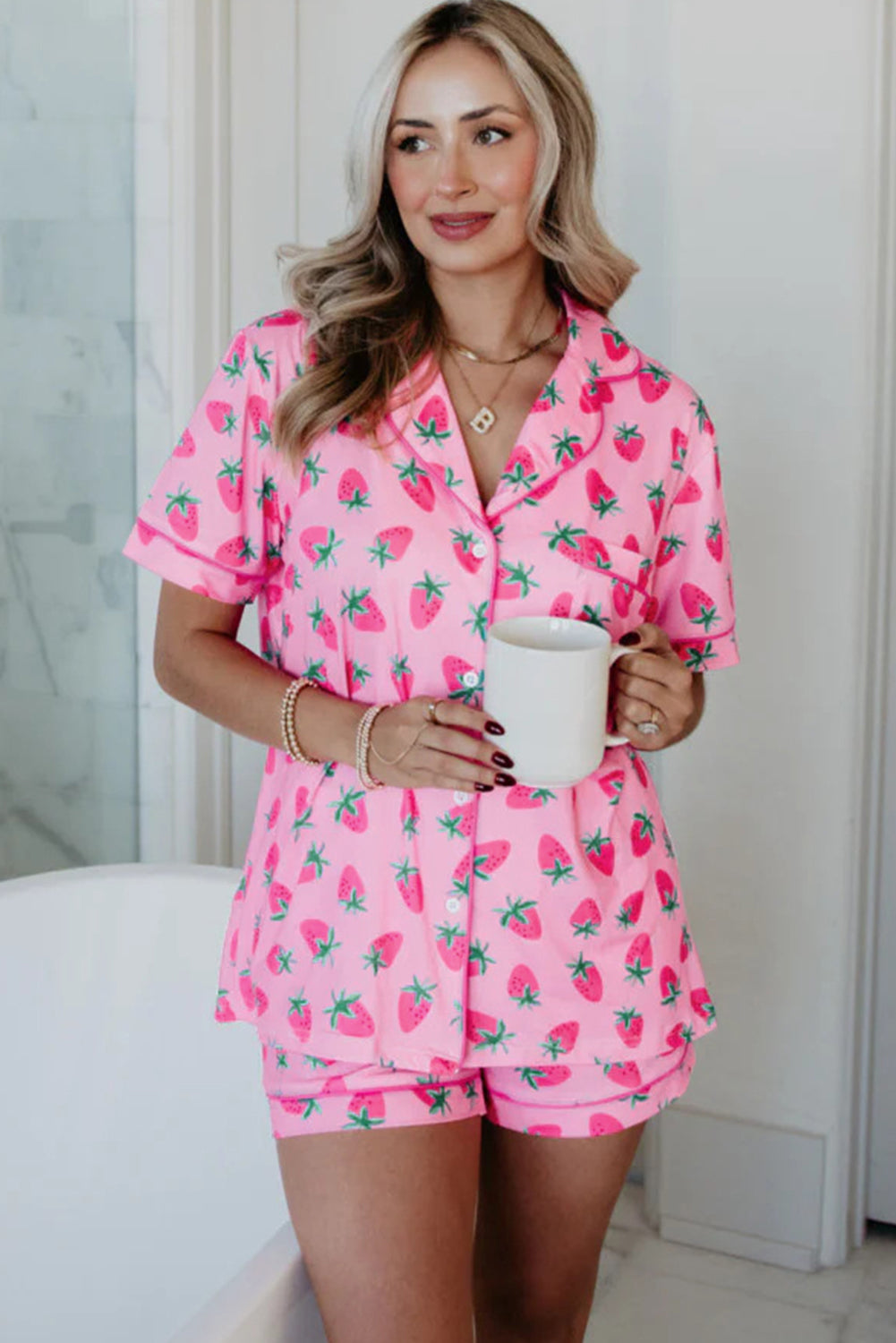 Pink Strawberry Print Lapel Collar Top and Shorts Pajama Set