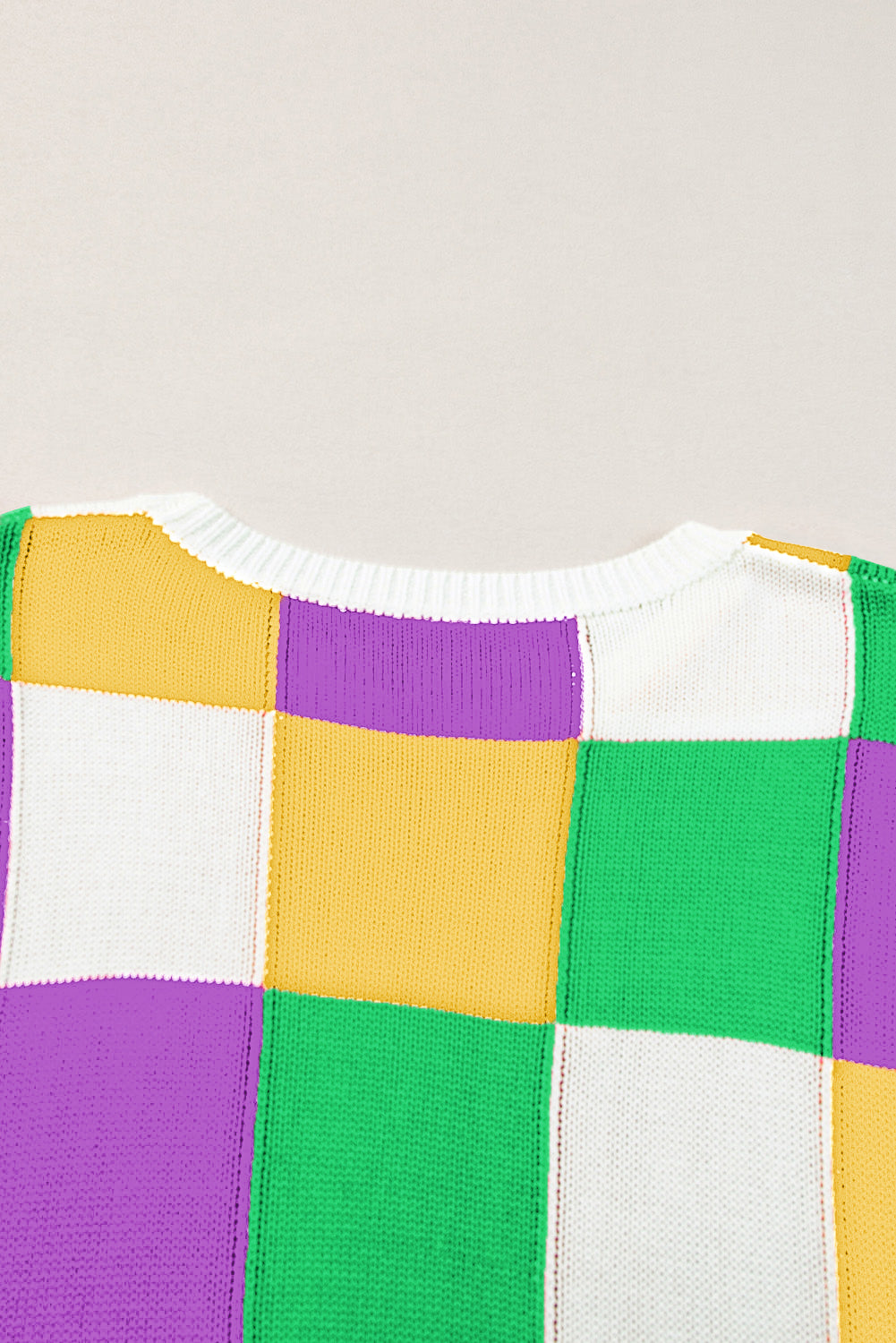 Fiery Red Checkered Color Block Cap Sleeve Knitted Top - Cowaa