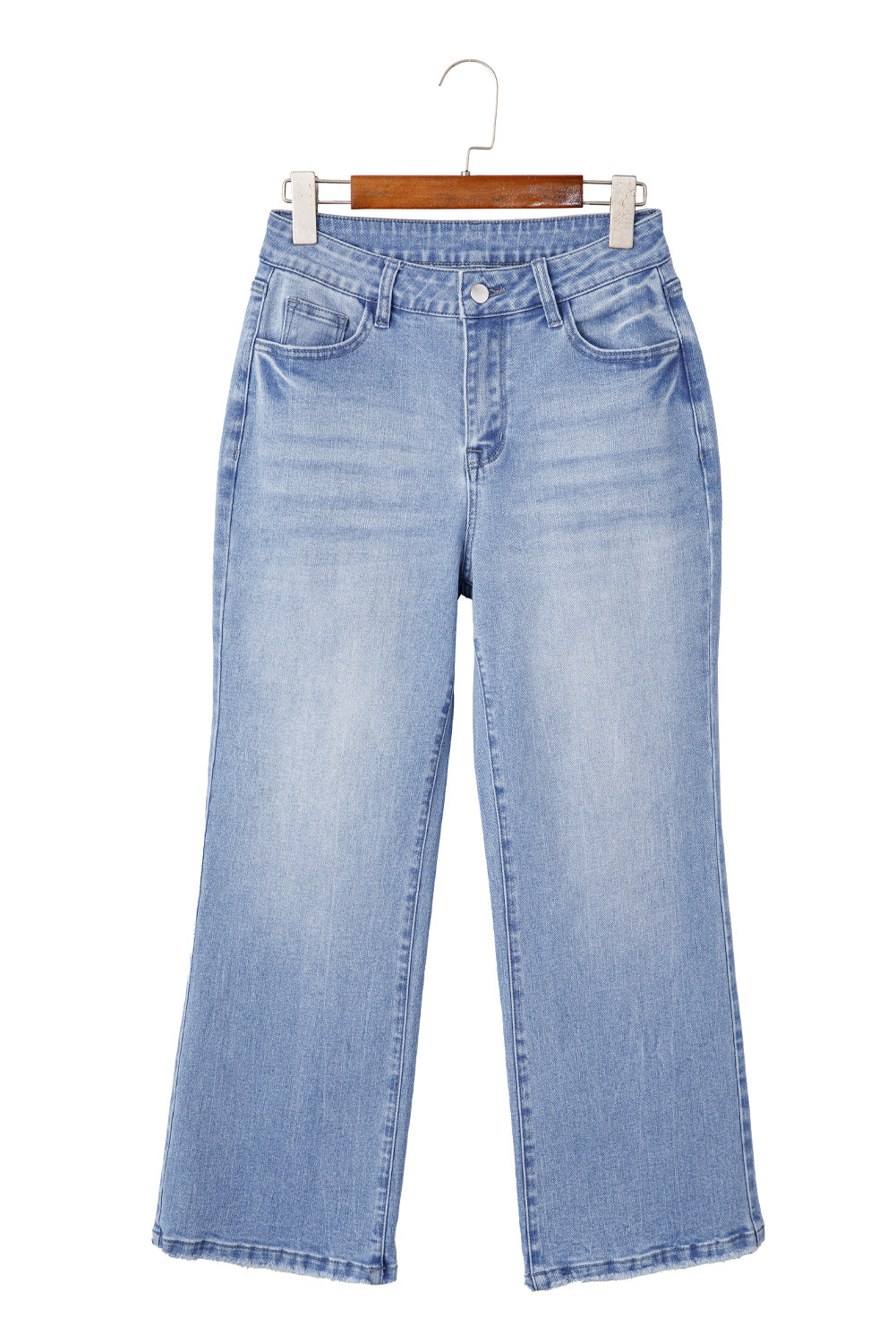 Sail Blue Mineral Wash Raw Hem High Waist Flared Jeans - Cowaa