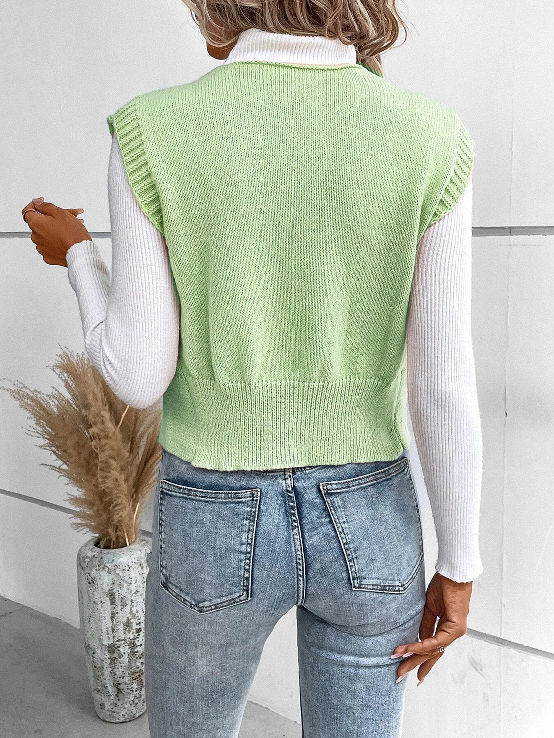 Full Size Button Up V-Neck Sweater Vest - Cowaa