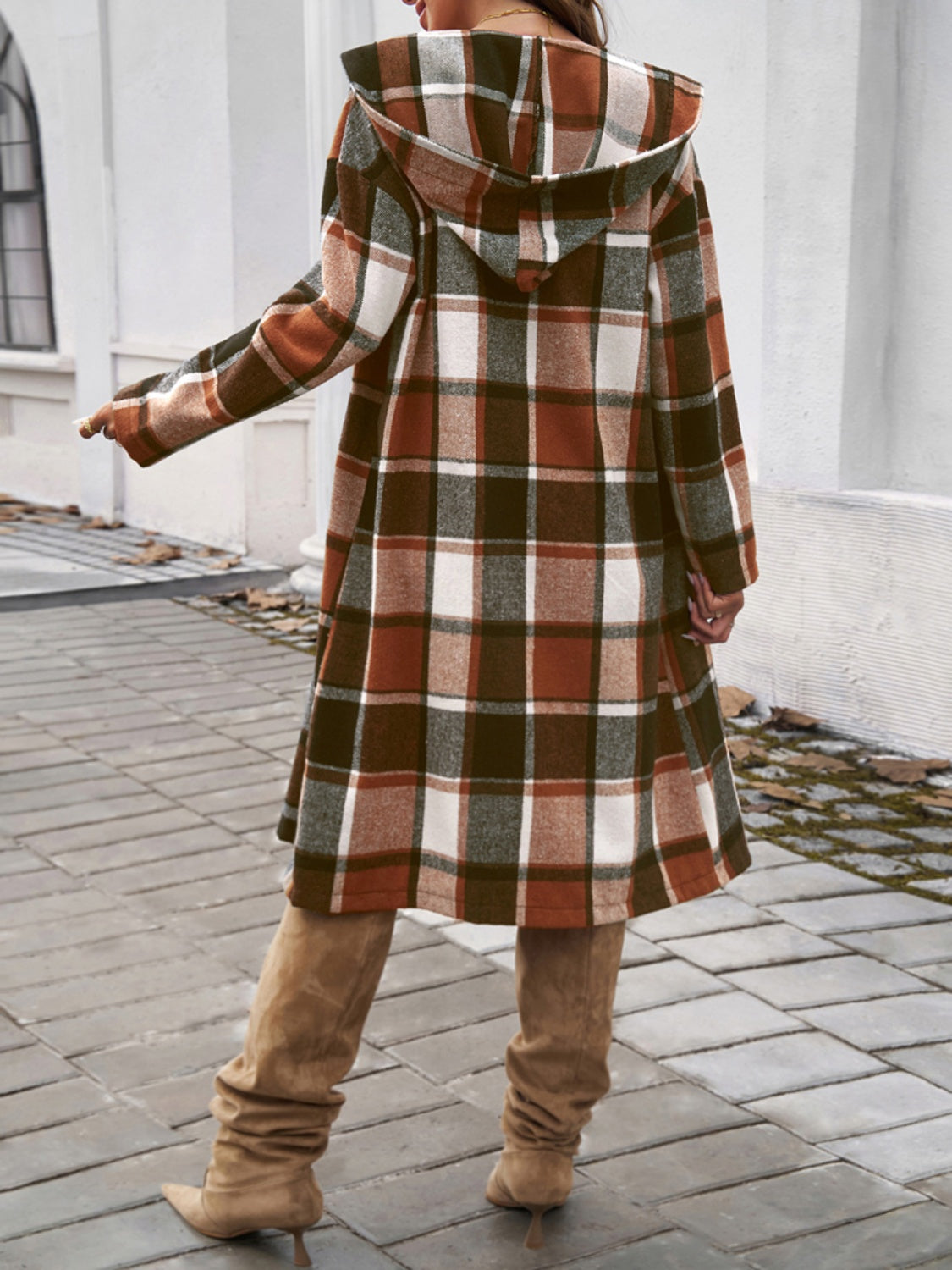 Devine Plaid Long Sleeve Hooded Coat - Cowaa