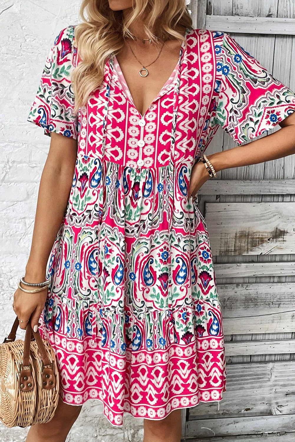 Pink Bohemian Tie Neck Flounce Sleeve Ruffle Hem Mini Dress - Cowaa