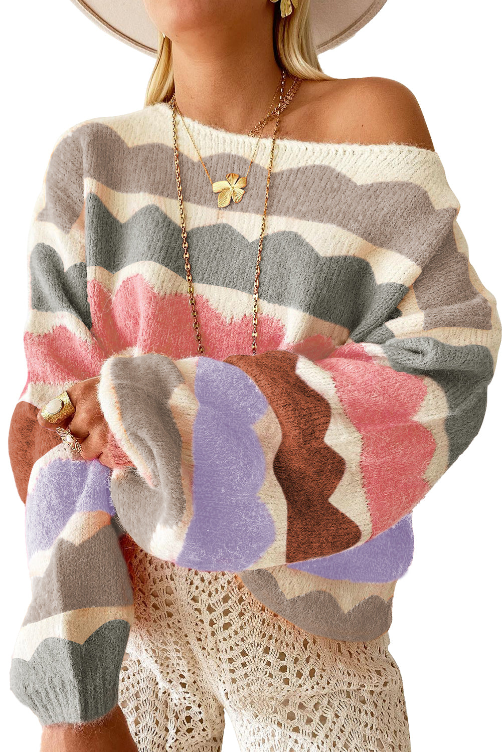 Dark Blue Wave Striped Balloon Sleeve Drop Shoulder Sweater - Cowaa