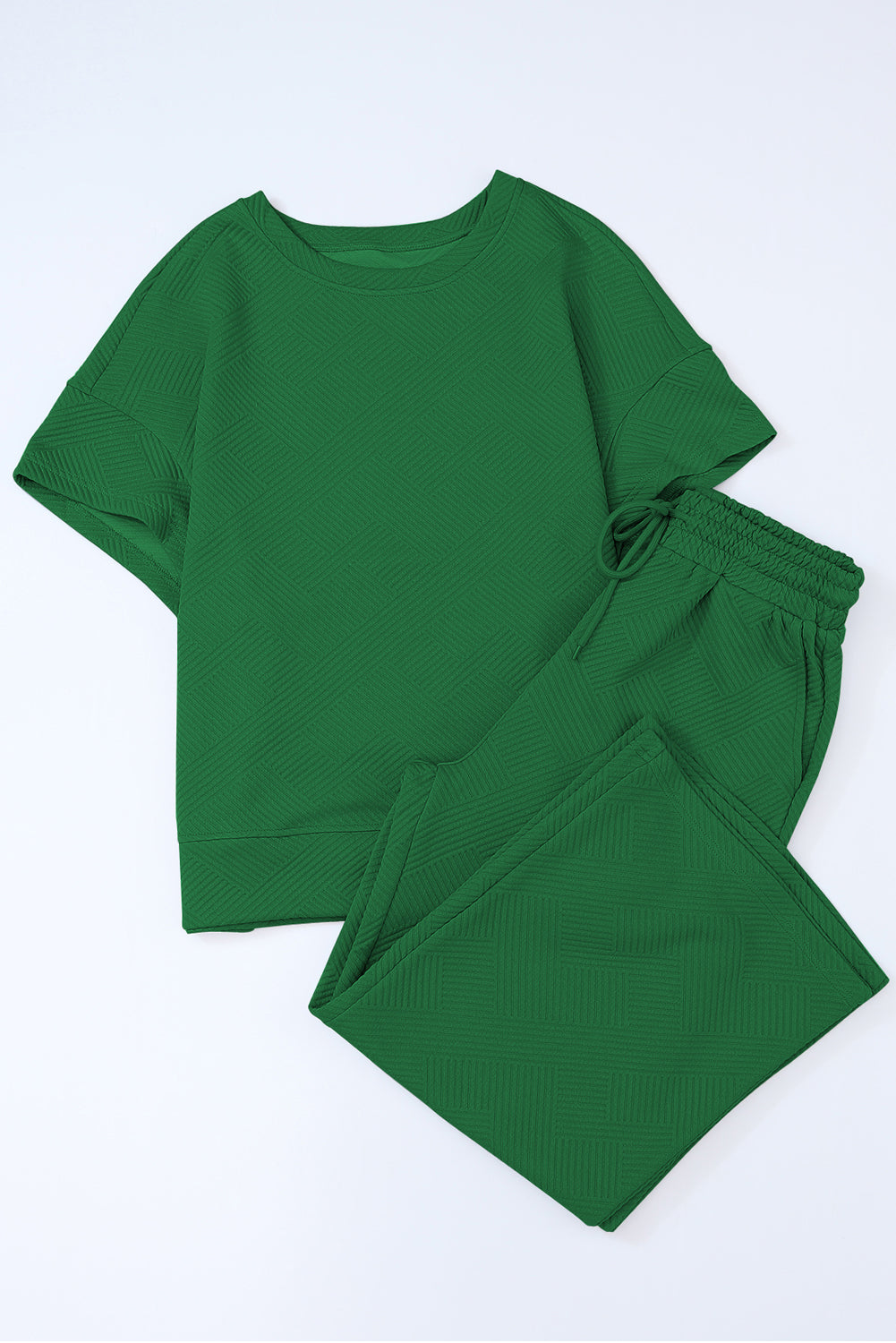 Navy Blue Textured Loose Fit T Shirt and Drawstring Pants Set - Cowaa