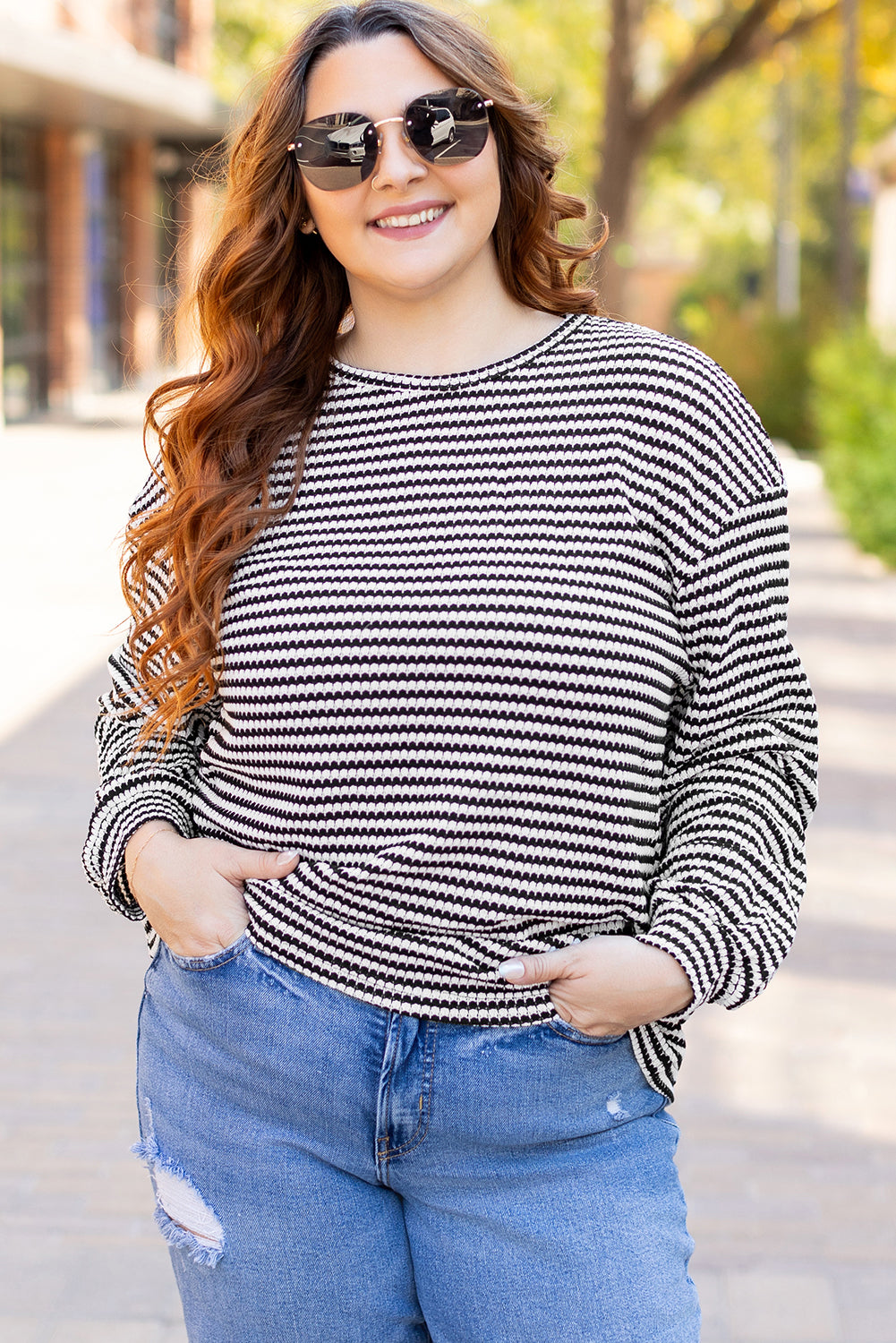 Black Stripe Drop Shoulder Puff Long Sleeve O Neck Plus Size T Shirt - Cowaa
