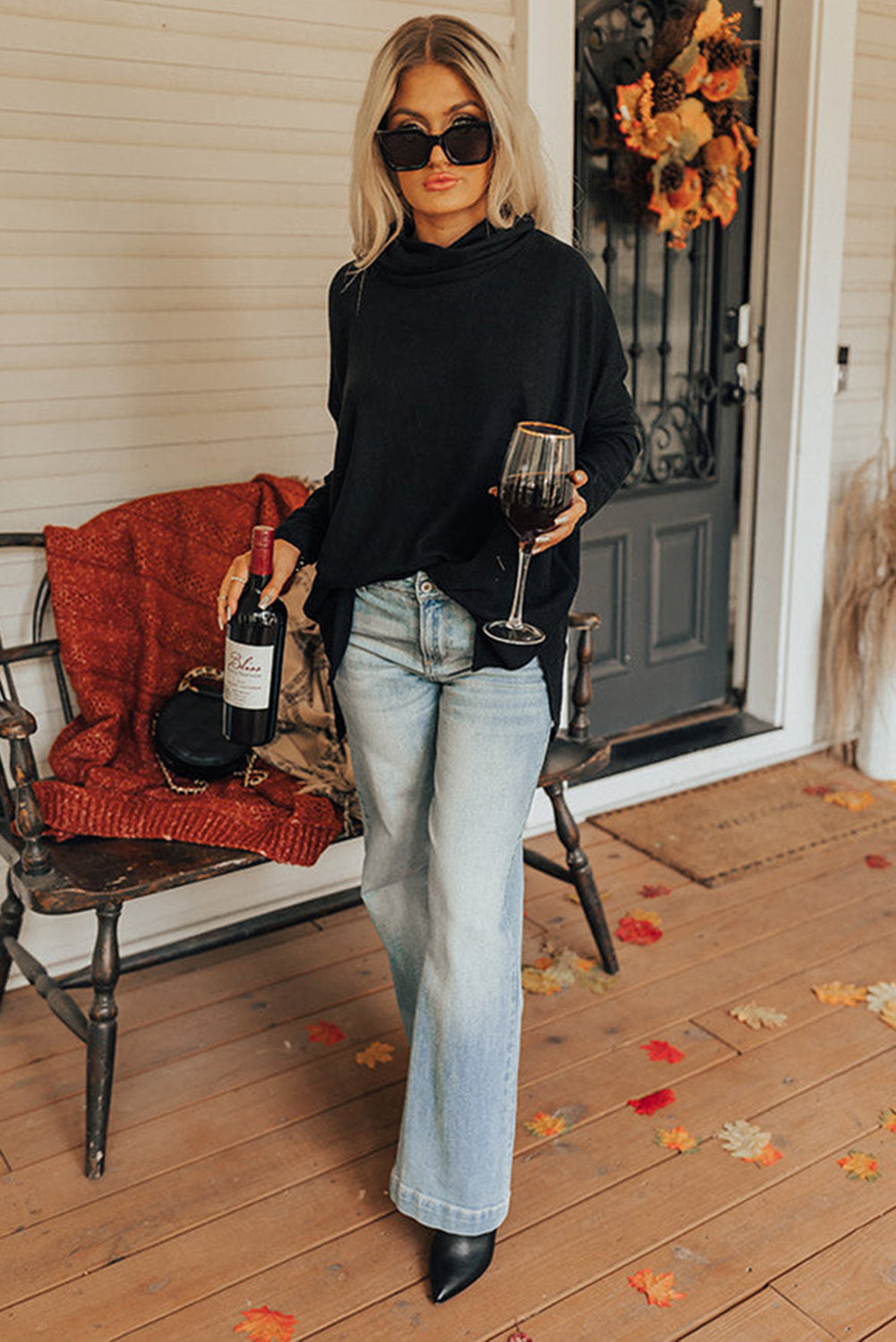 Cowl Neck Loose Fit Tunic Long Sleeve Top - Cowaa