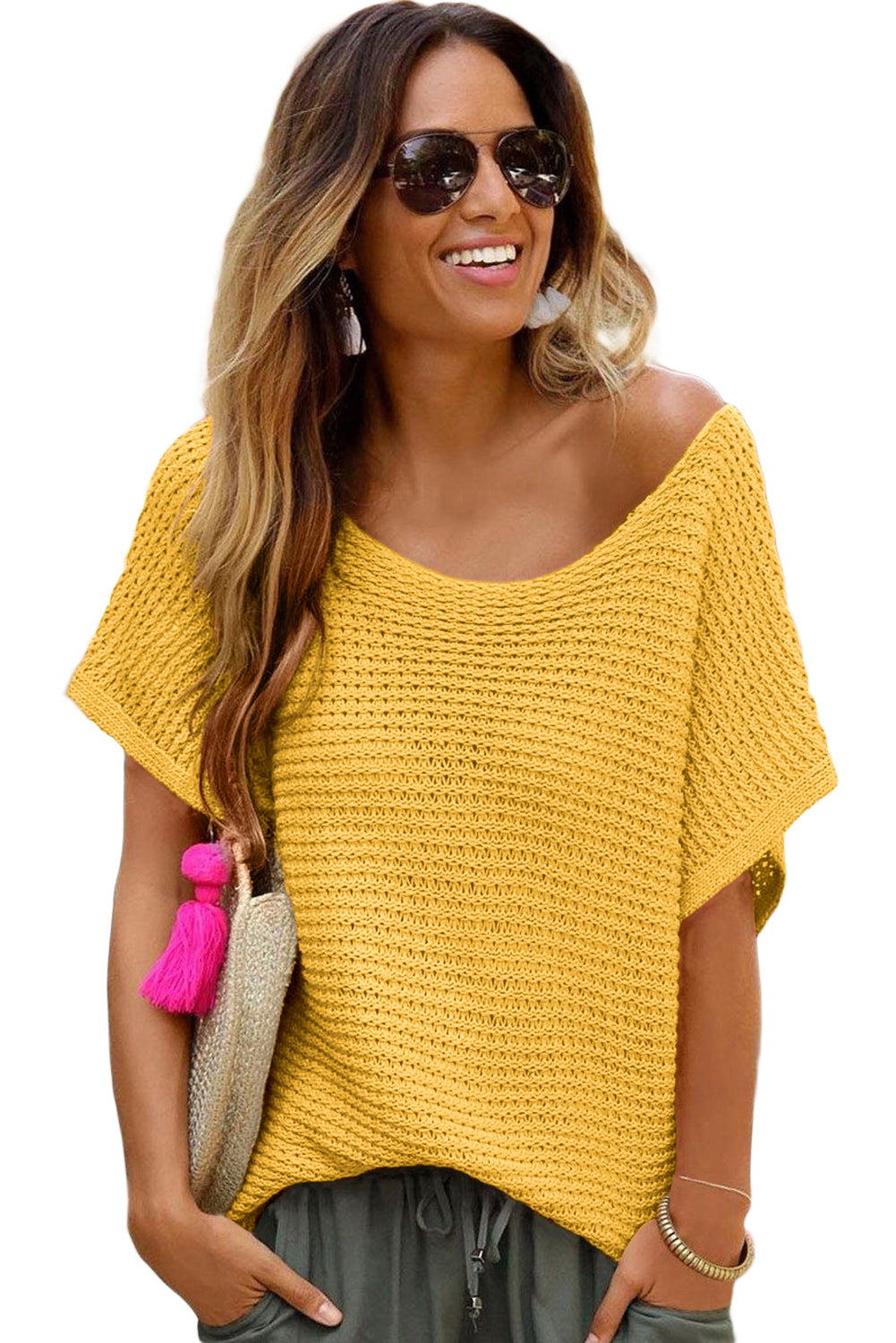 Pink Plain Knit Loose Batwing Sleeve Blouse - Cowaa