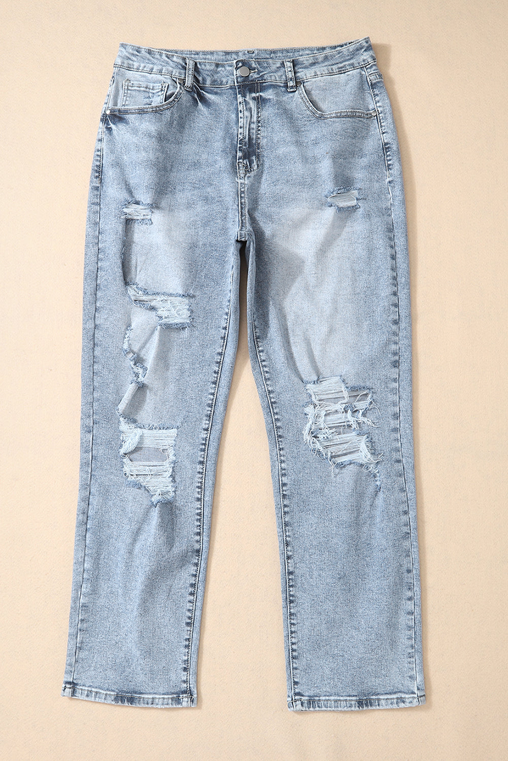 Sky Blue Light Wash Frayed Slim Fit High Waist Jeans - Cowaa