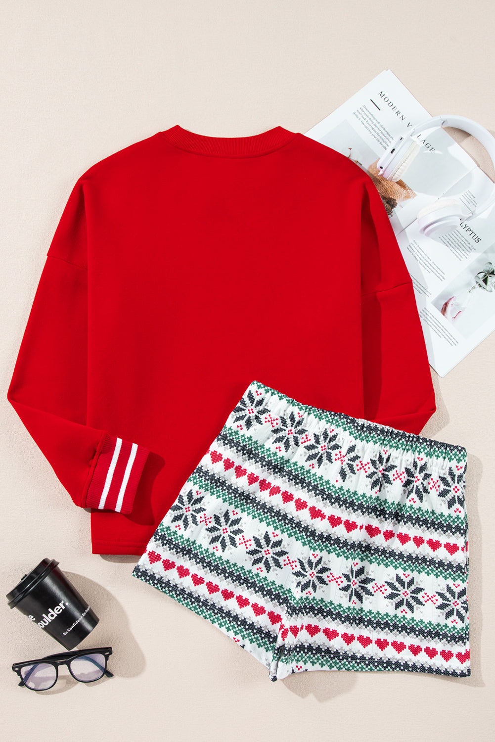 Fiery Red SLEIGH Snowflake Print Christmas Pajama Set
