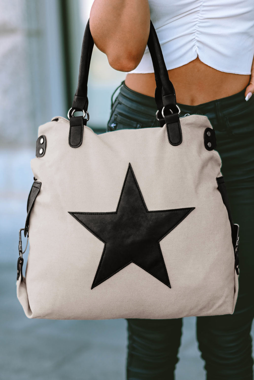 Beige Star Canvas Tote Bag - Cowaa
