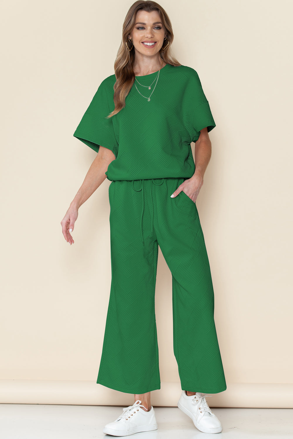 Navy Blue Textured Loose Fit T Shirt and Drawstring Pants Set - Cowaa