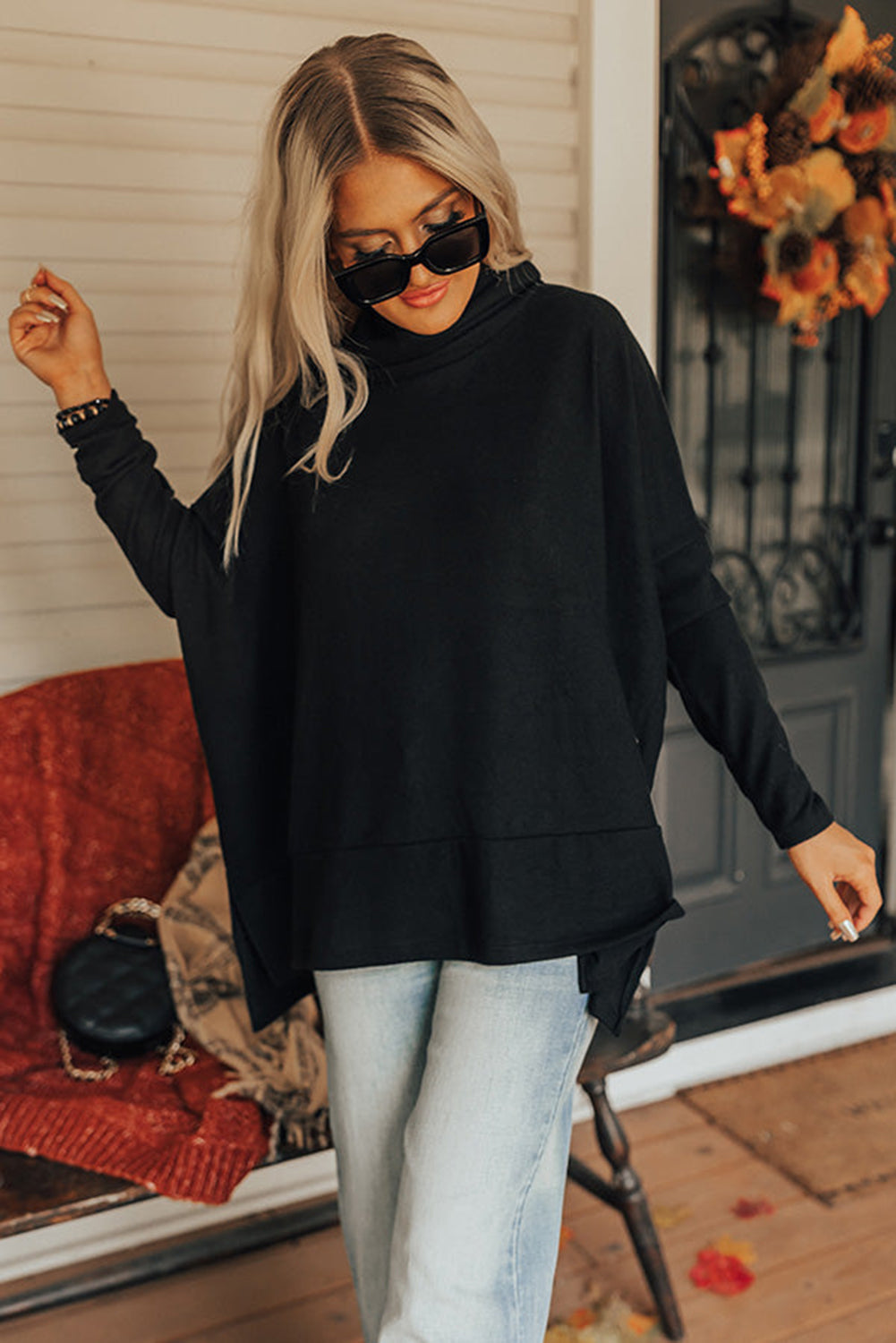 Cowl Neck Loose Fit Tunic Long Sleeve Top - Cowaa