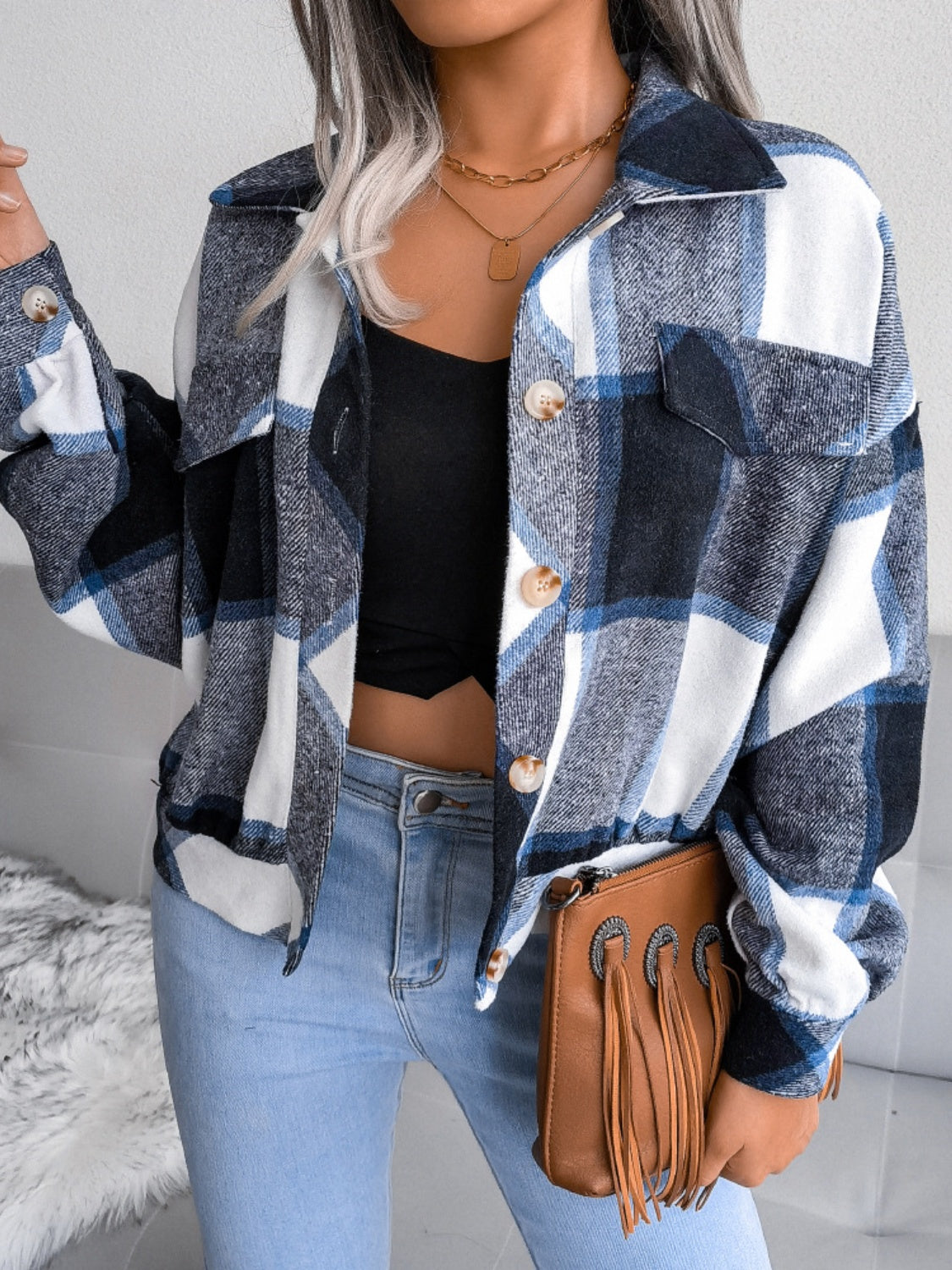 Plaid Collared Neck Long Sleeve Jacket - Cowaa