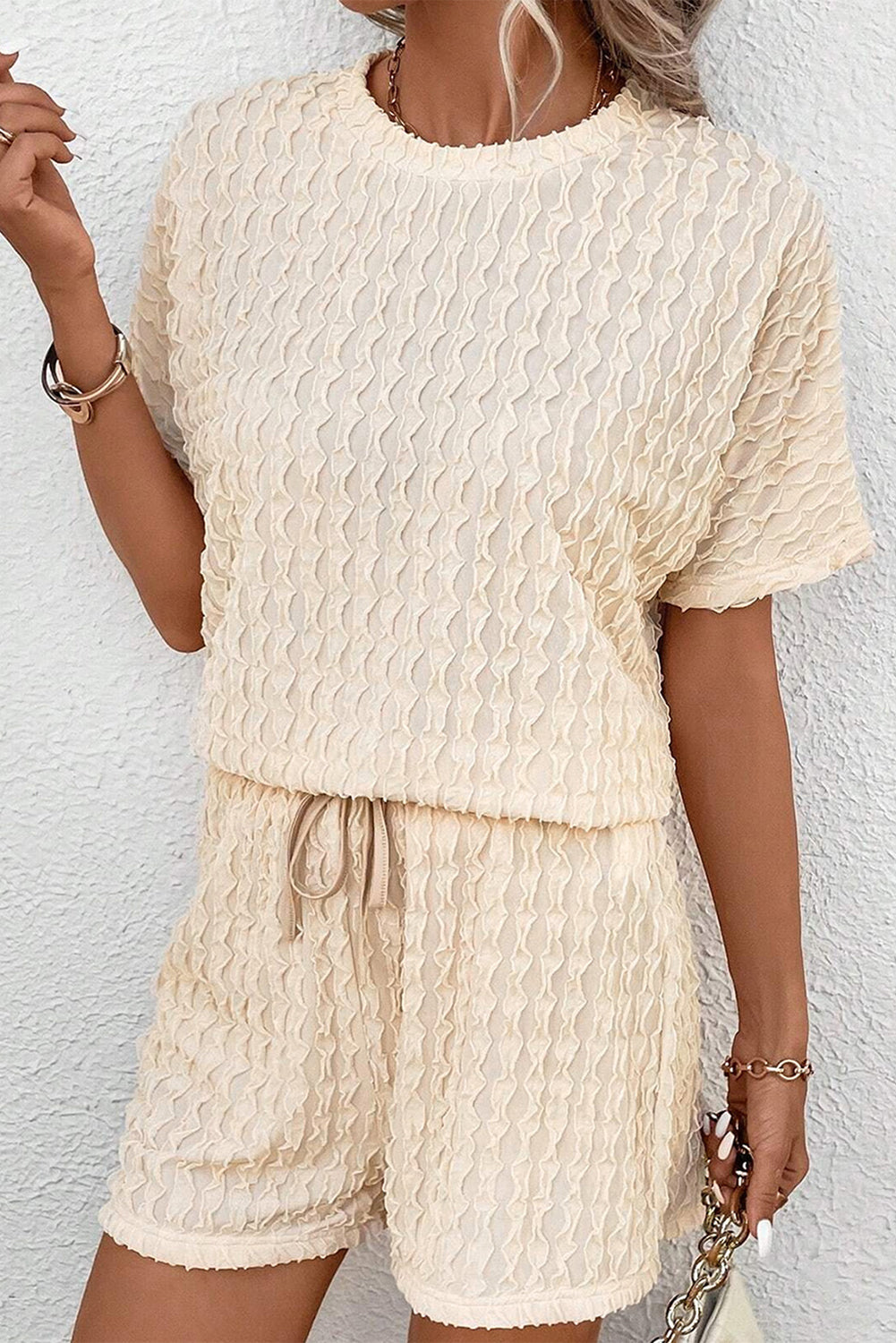 Beige Textured Tee & Drawstring Shorts Set - Cowaa
