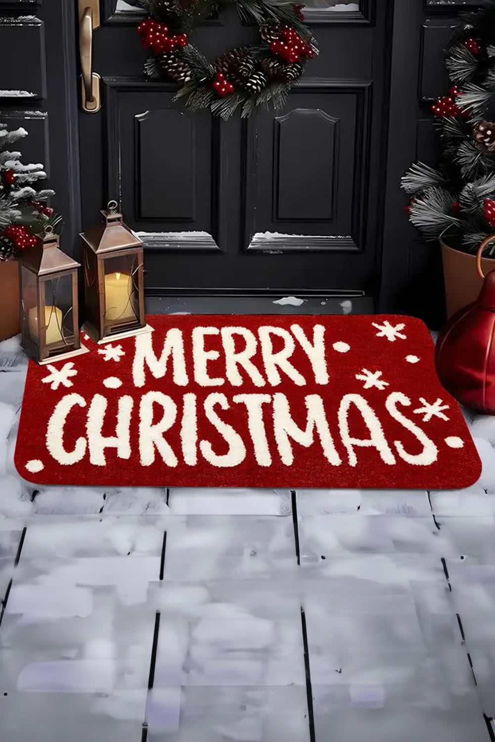 Fiery Red MERRY CHRISTMAS Plush Entrance Mat