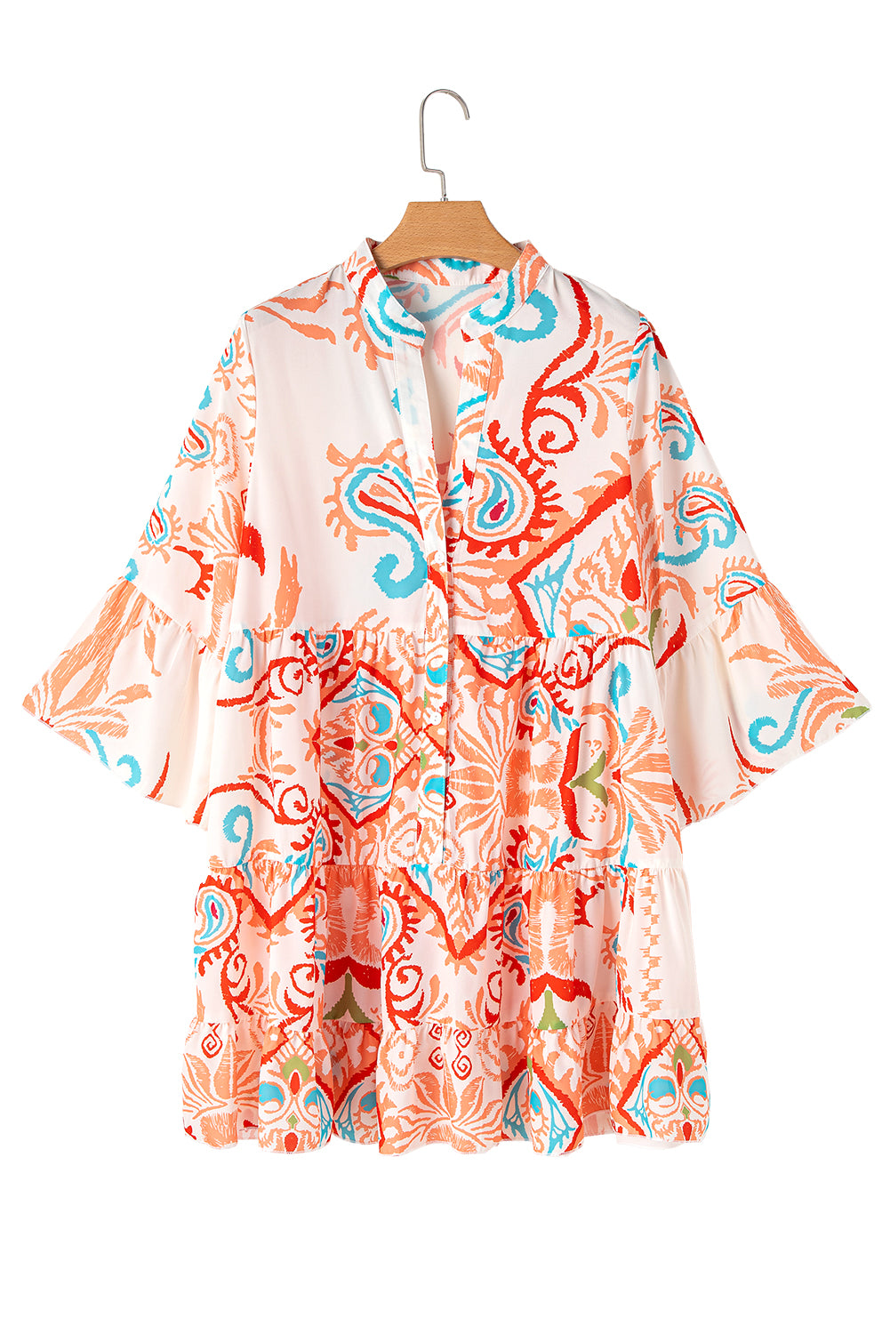 White Ethnic Print Boho Button Tiered Mini Dress - Cowaa