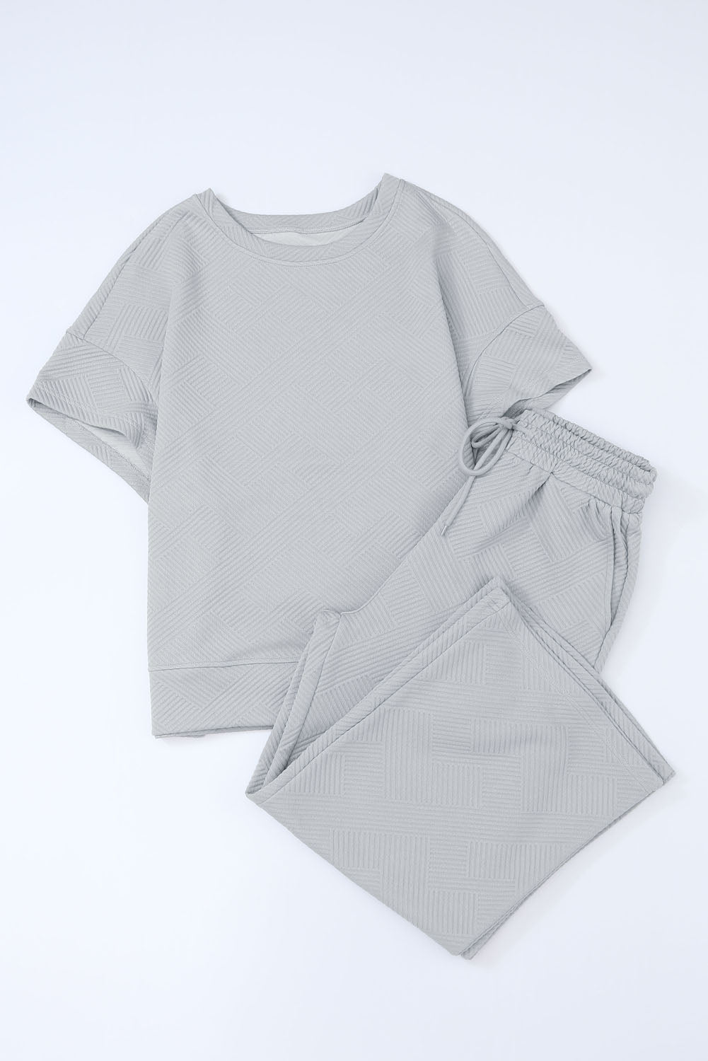 Navy Blue Textured Loose Fit T Shirt and Drawstring Pants Set - Cowaa