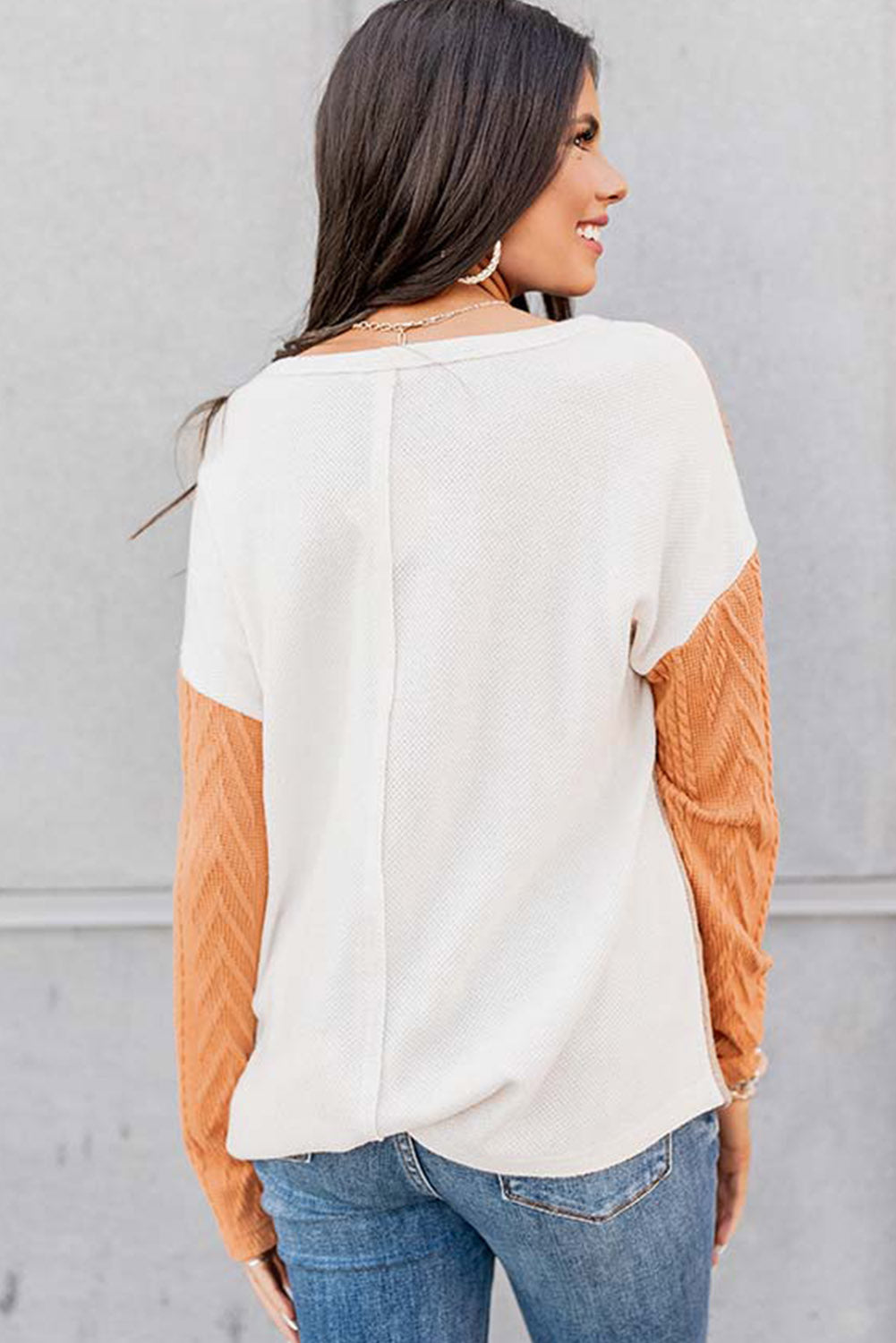 Long Sleeve Colorblock Chest Pocket Textured Knit Top - Cowaa