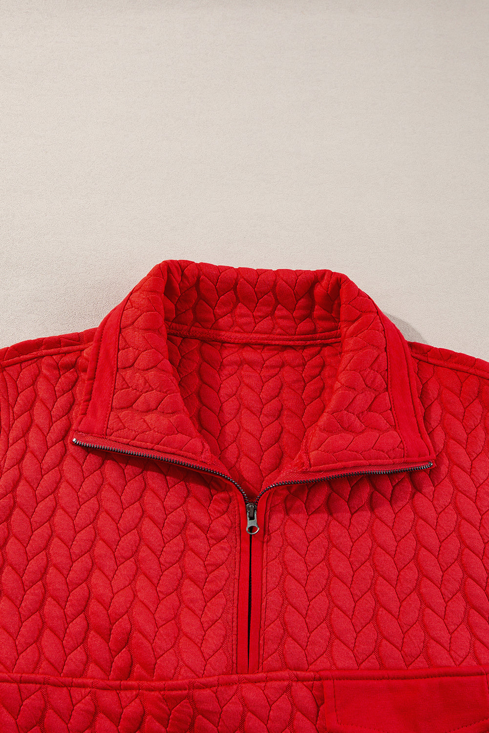 Tomato Red Cable Textured Quarter Zip Pocketed Plus Size Pullover - Cowaa