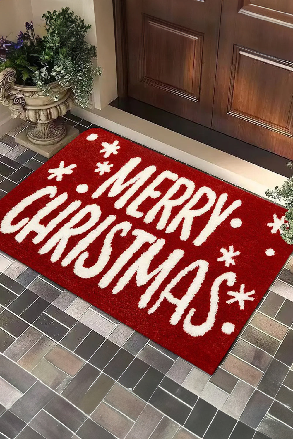 Fiery Red MERRY CHRISTMAS Plush Entrance Mat