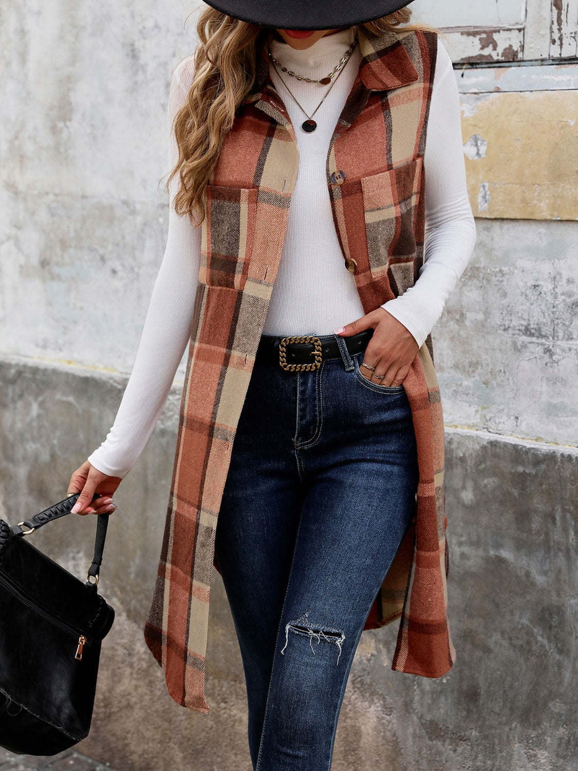 Pocketed Button Up Plaid Vest - Cowaa