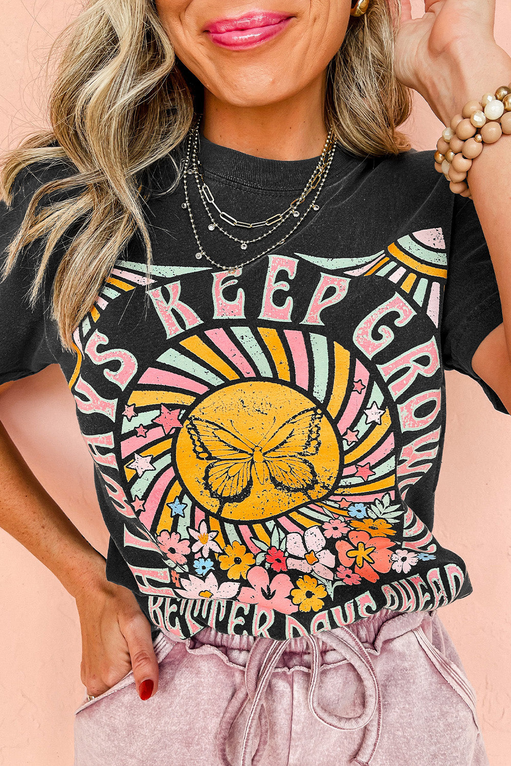 Black Always Keep Growing Butterfly Flower Graphic Tee - Cowaa
