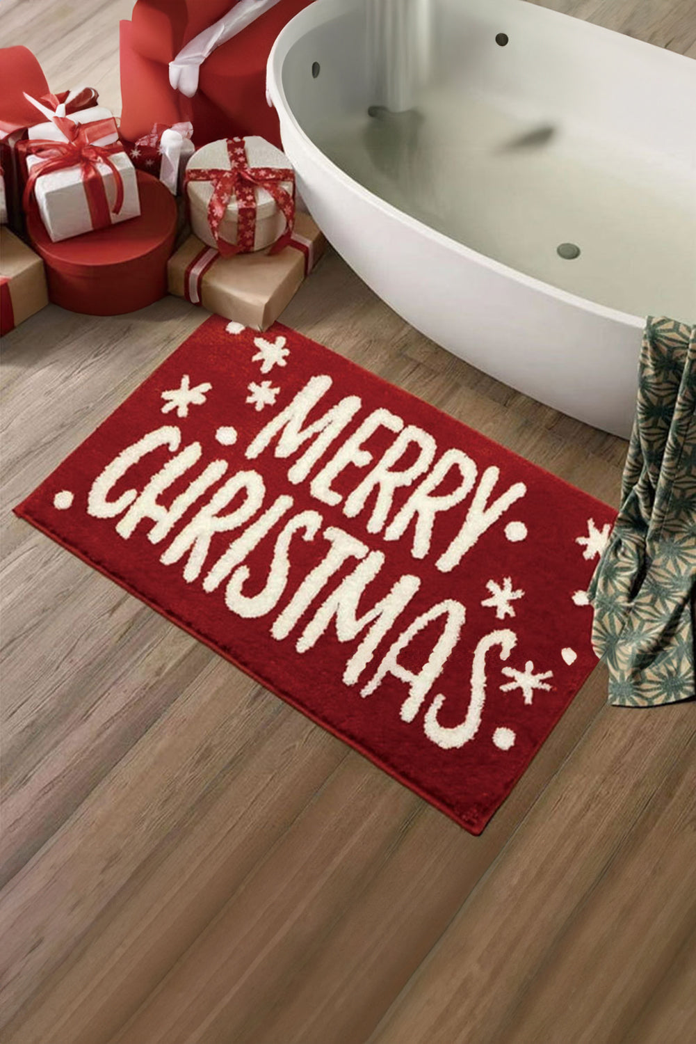 Fiery Red MERRY CHRISTMAS Plush Entrance Mat