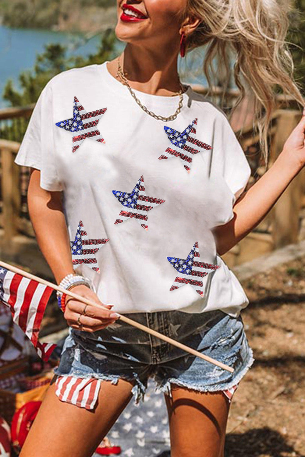 Sequin American Flag Star Graphic T Shirt - Cowaa
