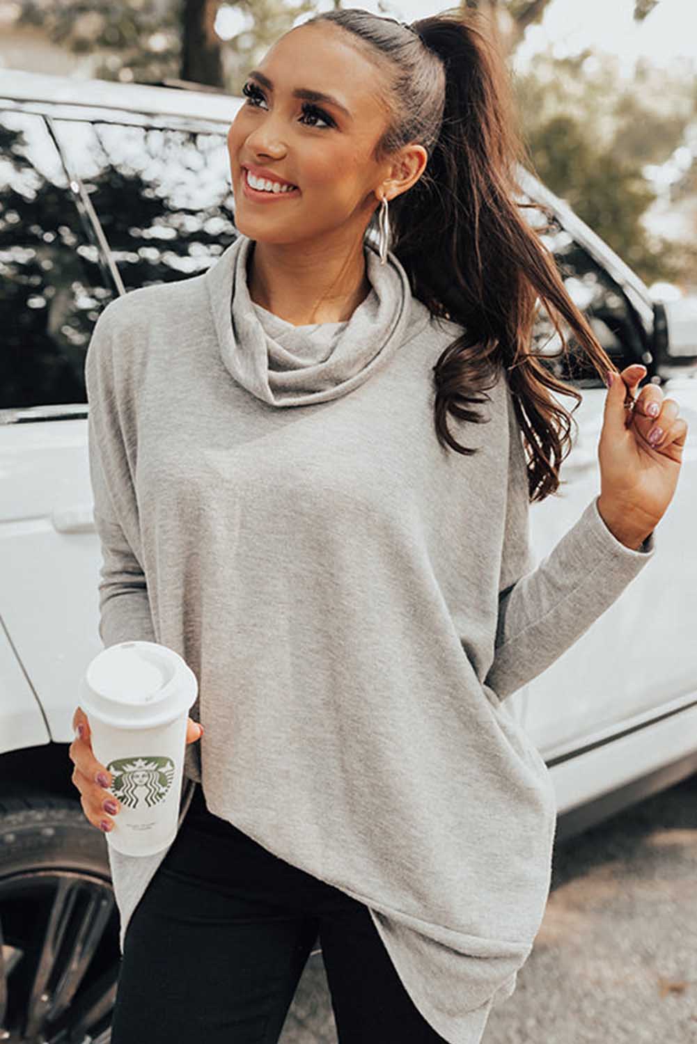 Cowl Neck Loose Fit Tunic Long Sleeve Top - Cowaa