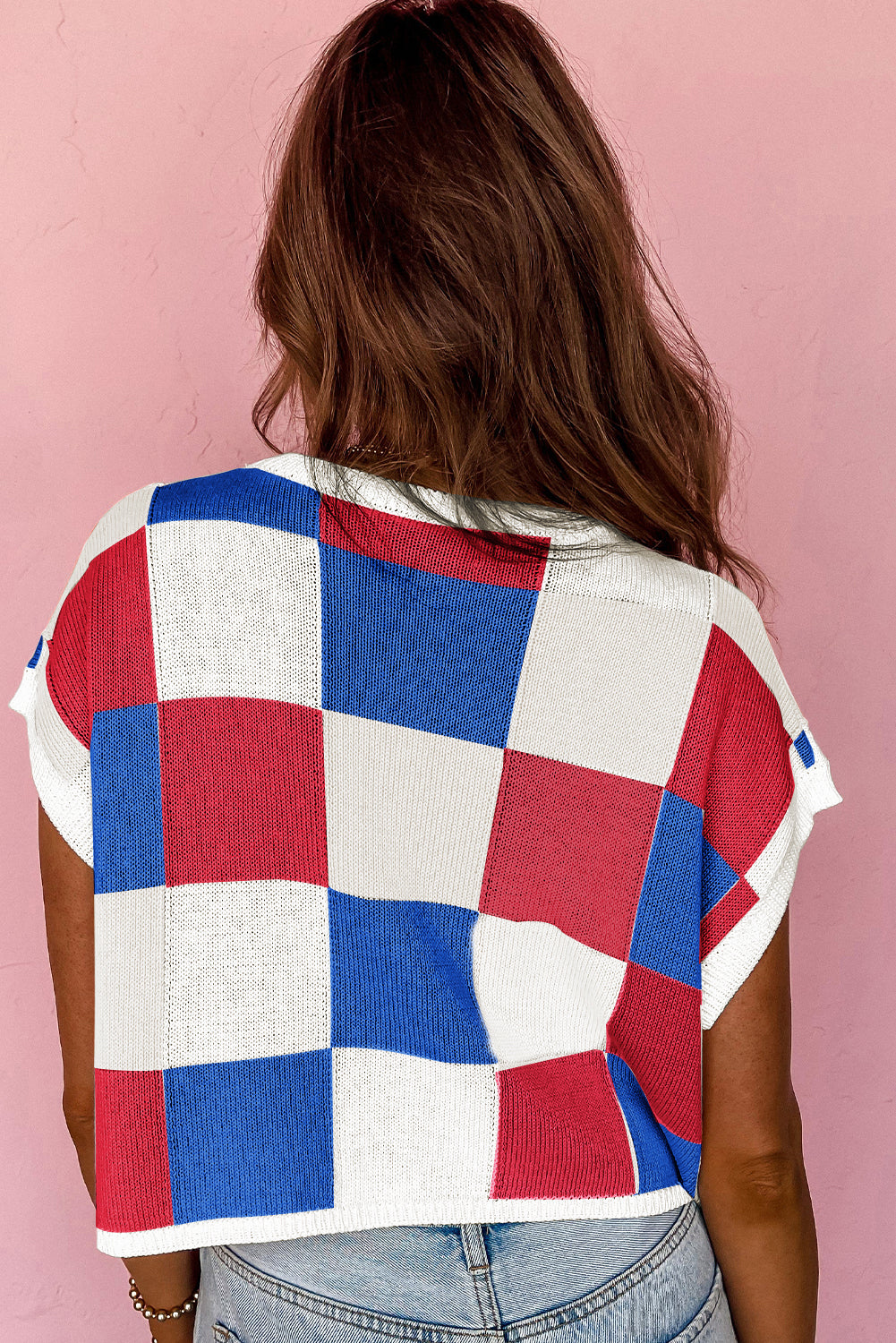 Fiery Red Checkered Color Block Cap Sleeve Knitted Top - Cowaa