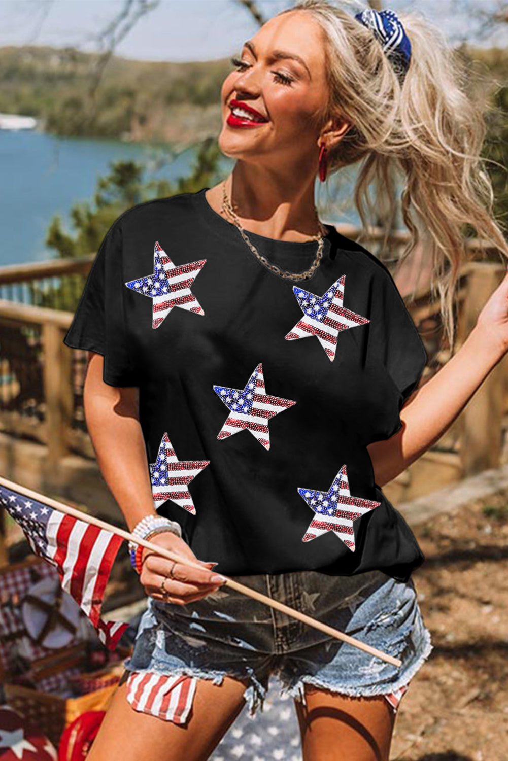 Sequin American Flag Star Graphic T Shirt - Cowaa